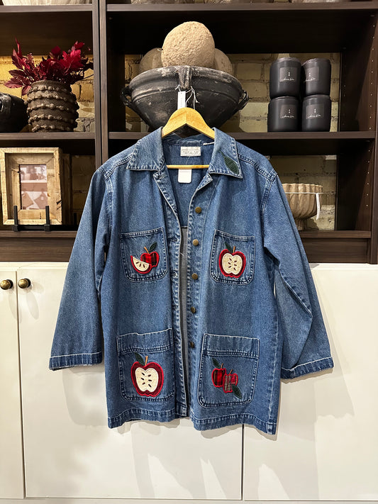 90s denim chore coat with Apple embroidered appliqué