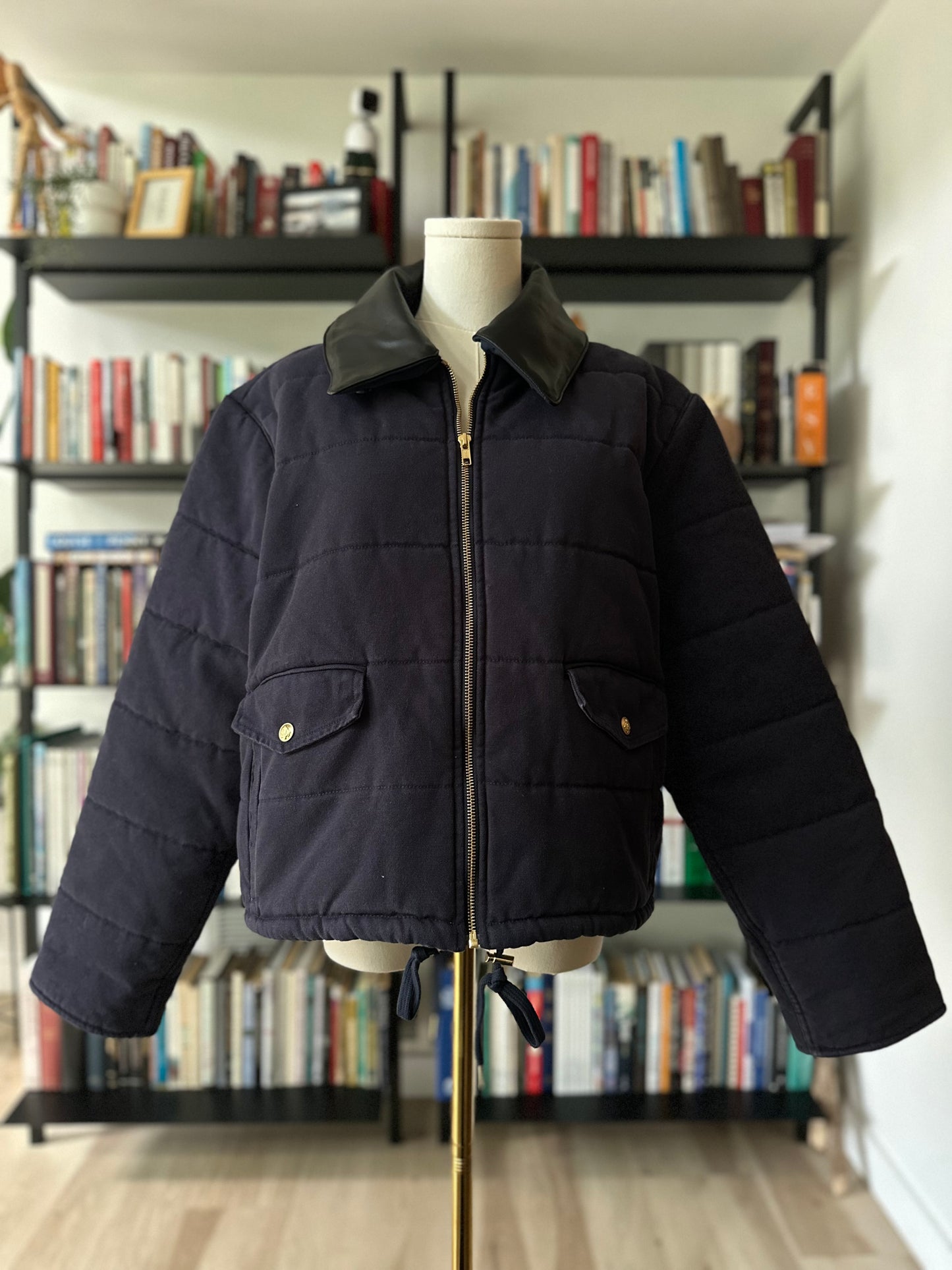 JCrew Rugged Canvas cropped jacket in navy with black leather collar. NWT. Size Large