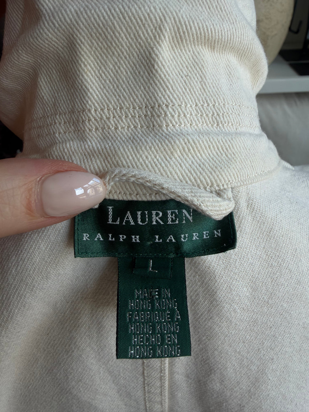 90s Lauren by Ralph Lauren cream denim chore coat. Made in Hong Kong. Fits S-L