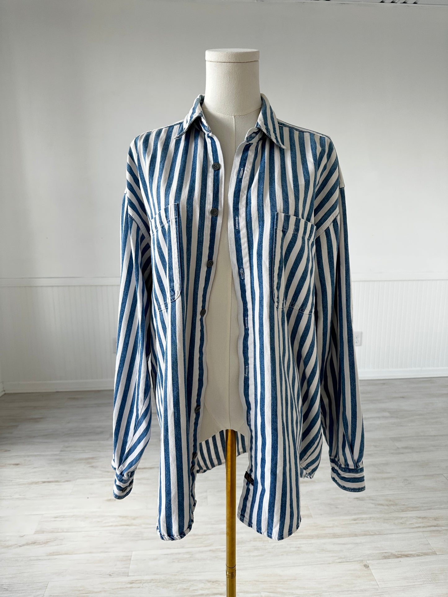 90s Arizona Jean Company striped denim button down. Made in Hong Kong