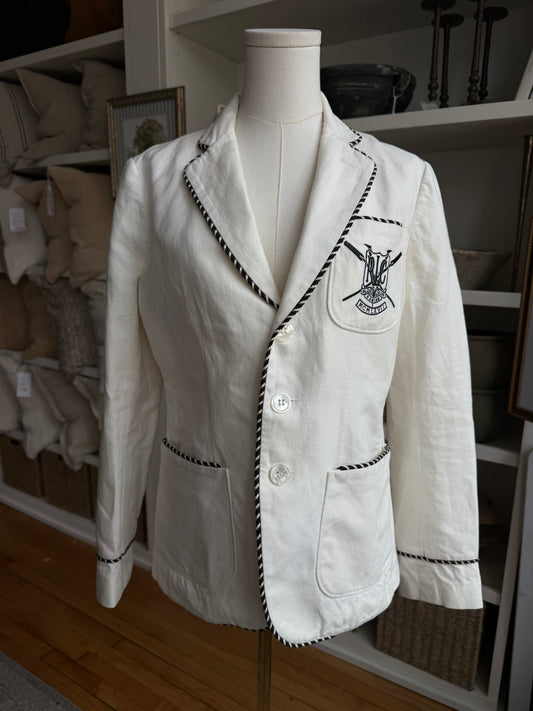 90s Ralph Lauren linen row blazer with navy details.