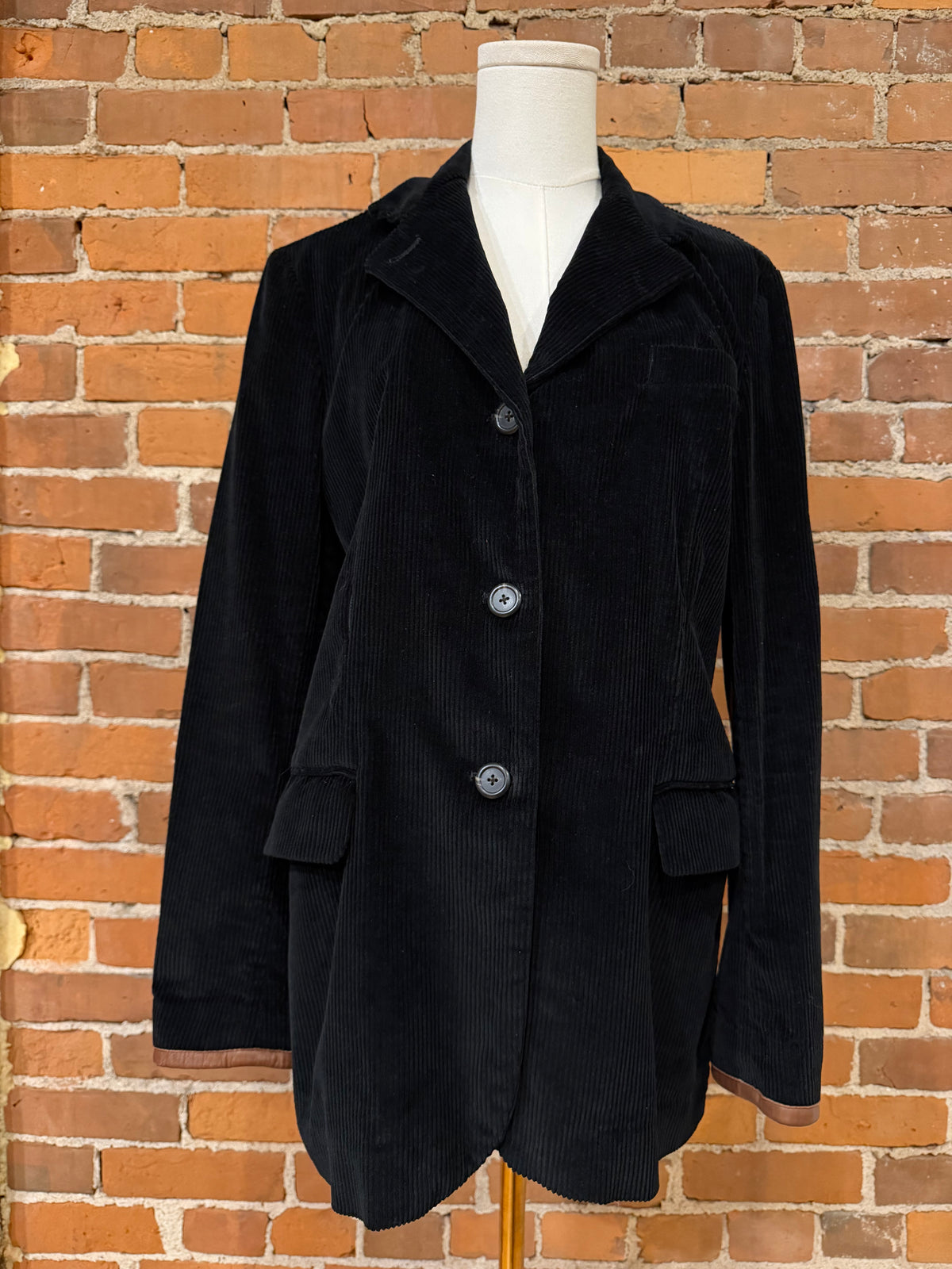 90s Ralph Lauren black corduroy blazer with leather trim and elbow patches. Fits XXS-S