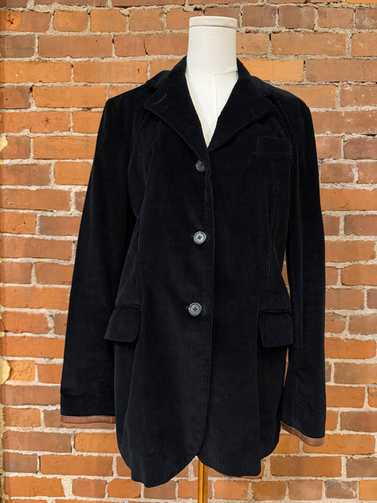 90s Ralph Lauren black corduroy blazer with leather trim and elbow patches. Fits XXS-S