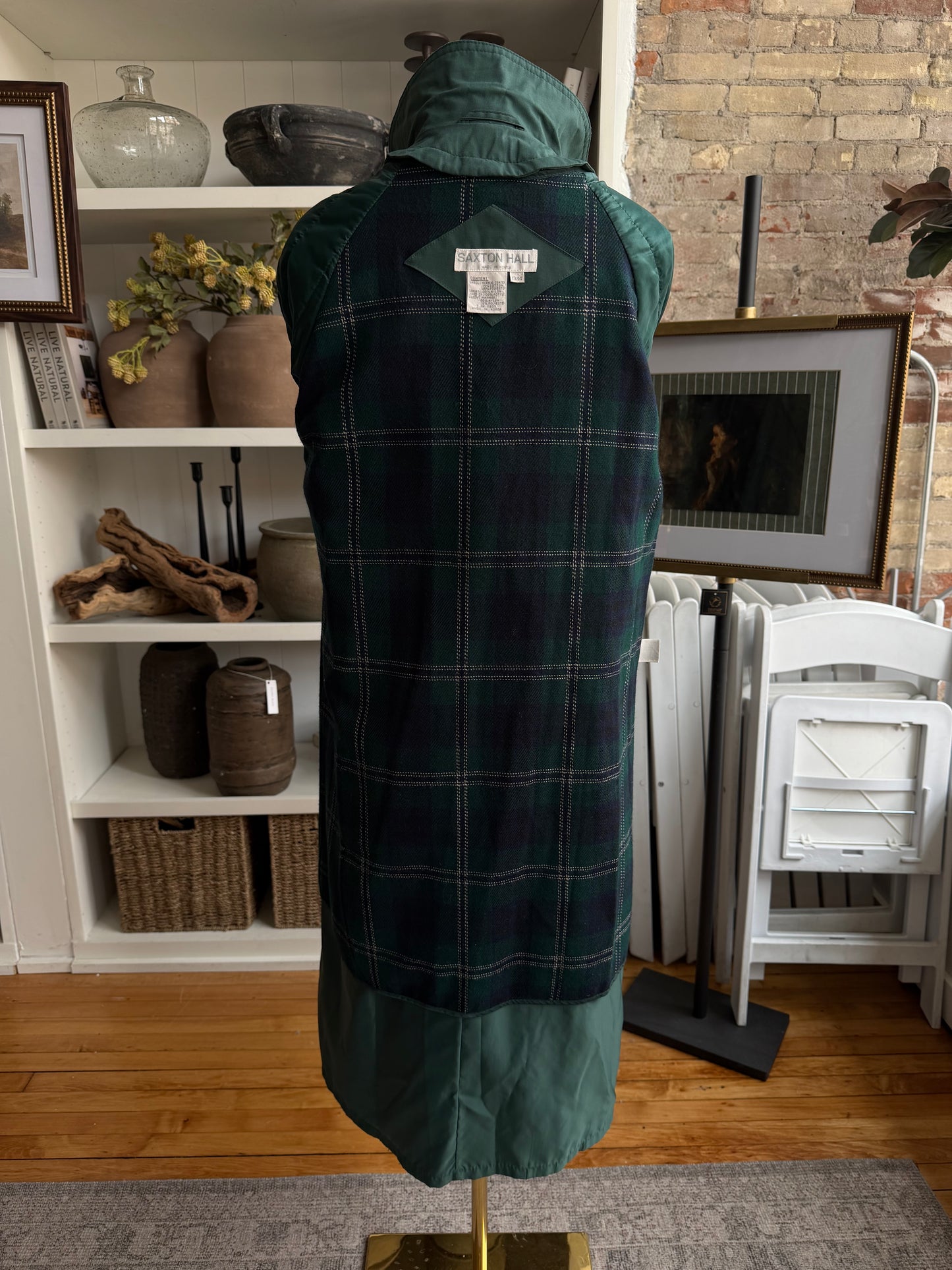 80s Saxton Hall green trench with zip out lining. Includes matching scarf. Made in Korea