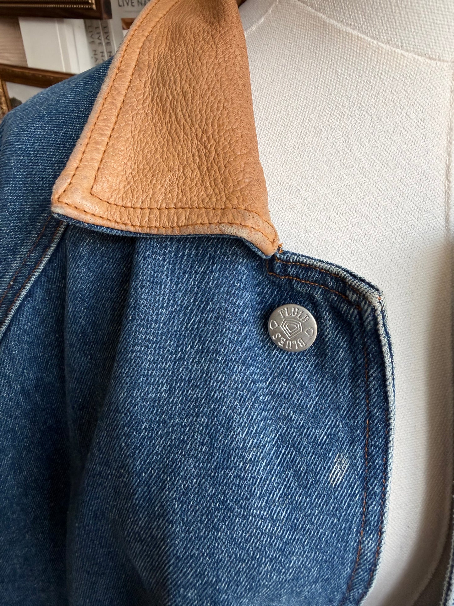 90s Fluid Blues denim trench with leather collar. Made in Hong Kong