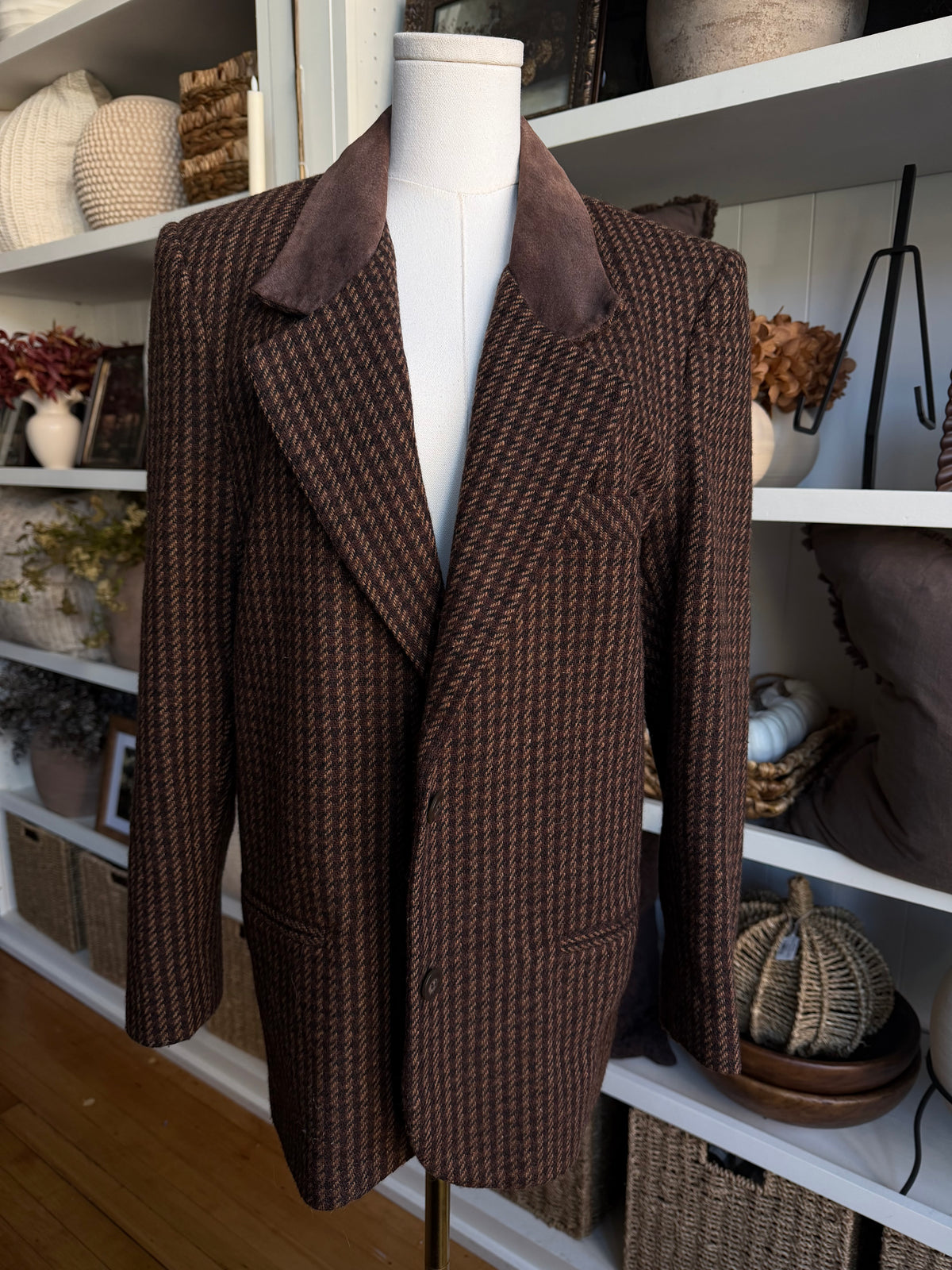 90s Brandon Thomas wool blend houndstooth blazer with leather collar. Fits XS-M petite