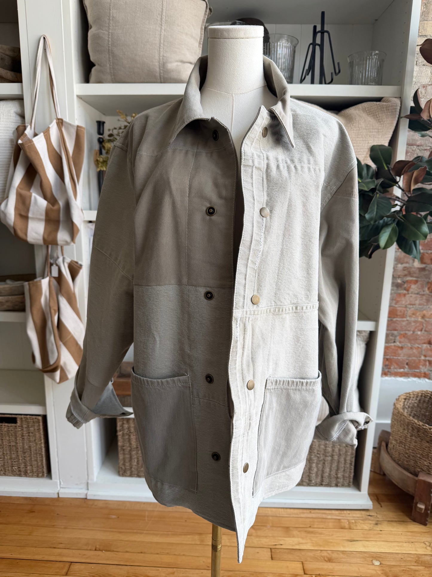 Tan Reworked Denim Chore Coat. Size Medium