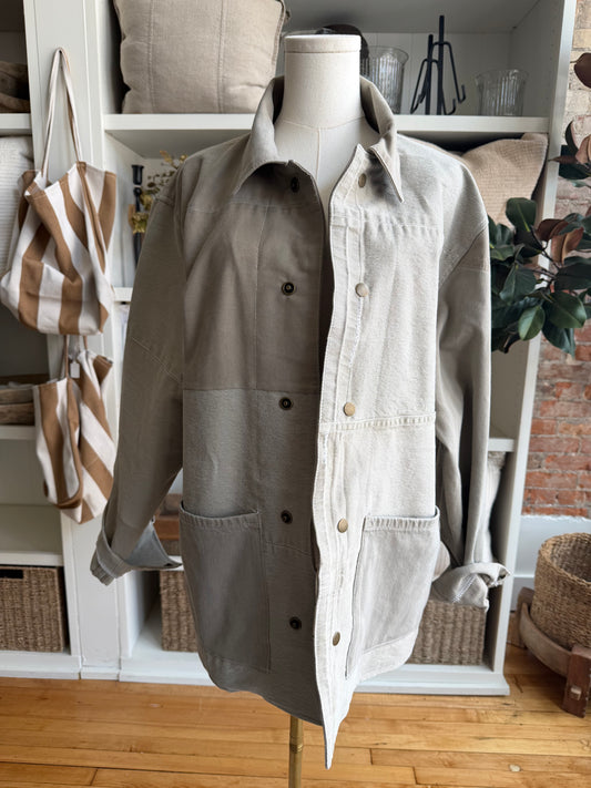 Tan Reworked Denim Chore Coat. Size Medium