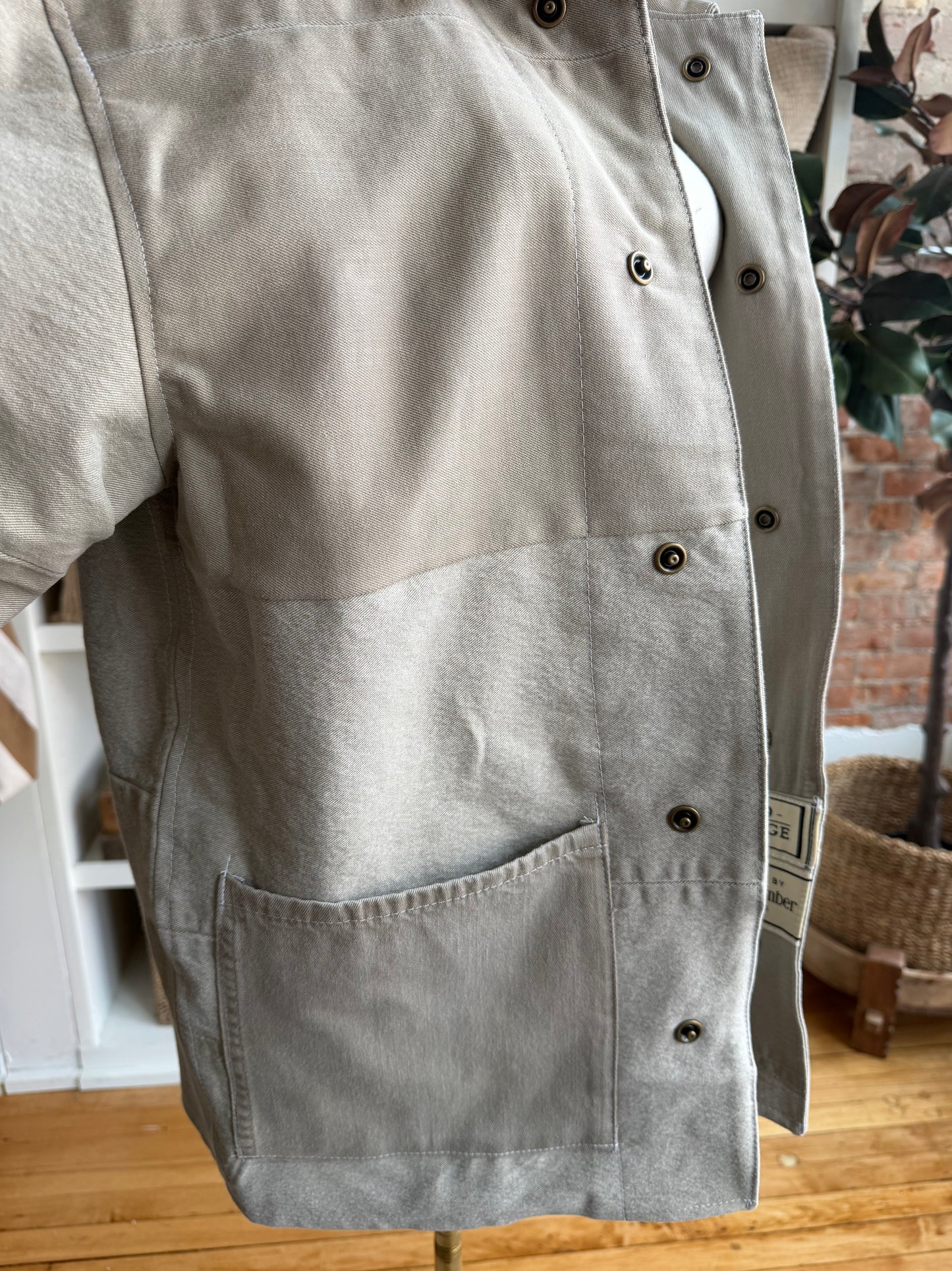 Tan Reworked Denim Chore Coat. Size Medium