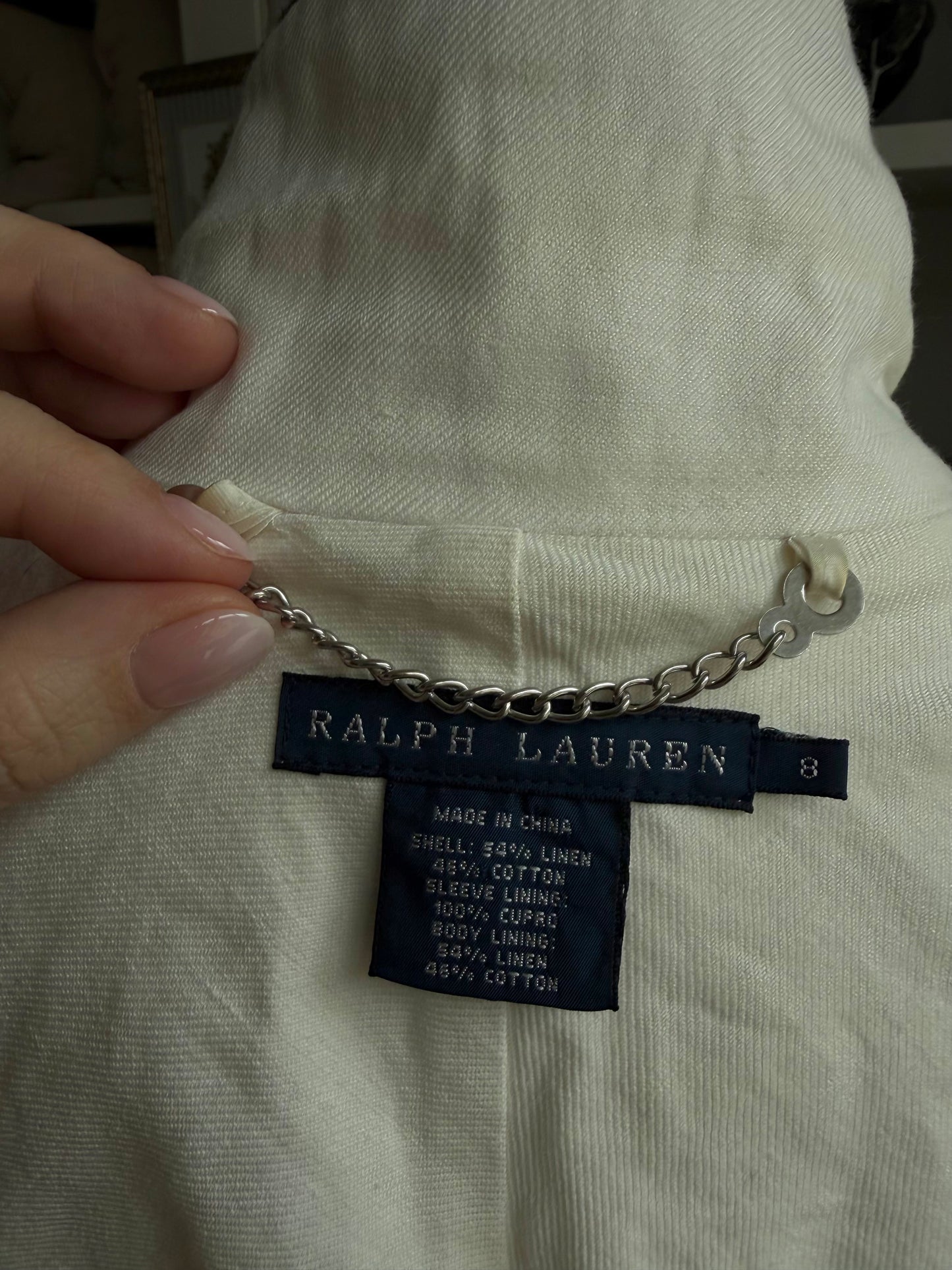 90s Ralph Lauren linen row blazer with navy details.