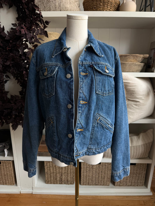 90s Polo Jeans Co denim insulated jacket with red lining. Fits XXS-S