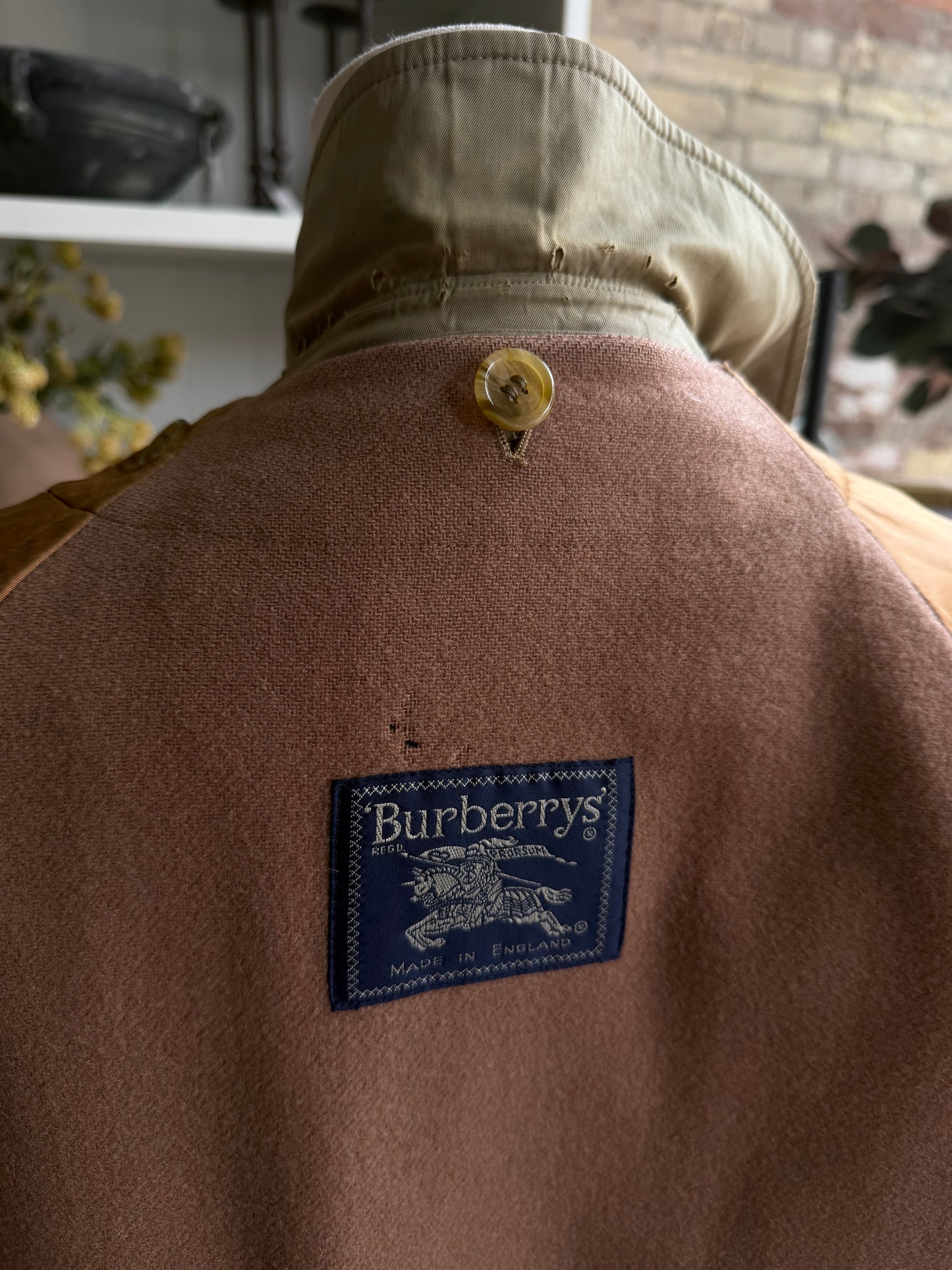 Vintage Burberry green khaki trench with removable wool lining. Made in the USA.