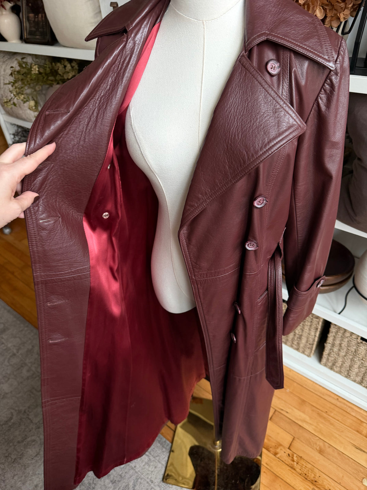 70s Burgundy leather trench. Made in the USA. Fits XXS-S