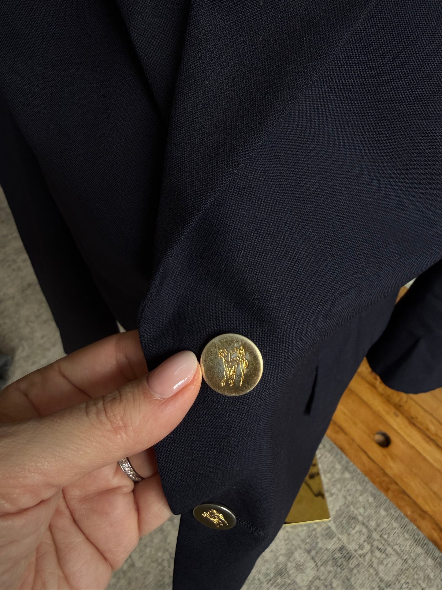80s Burberry navy wool blazer. Made in the USA
