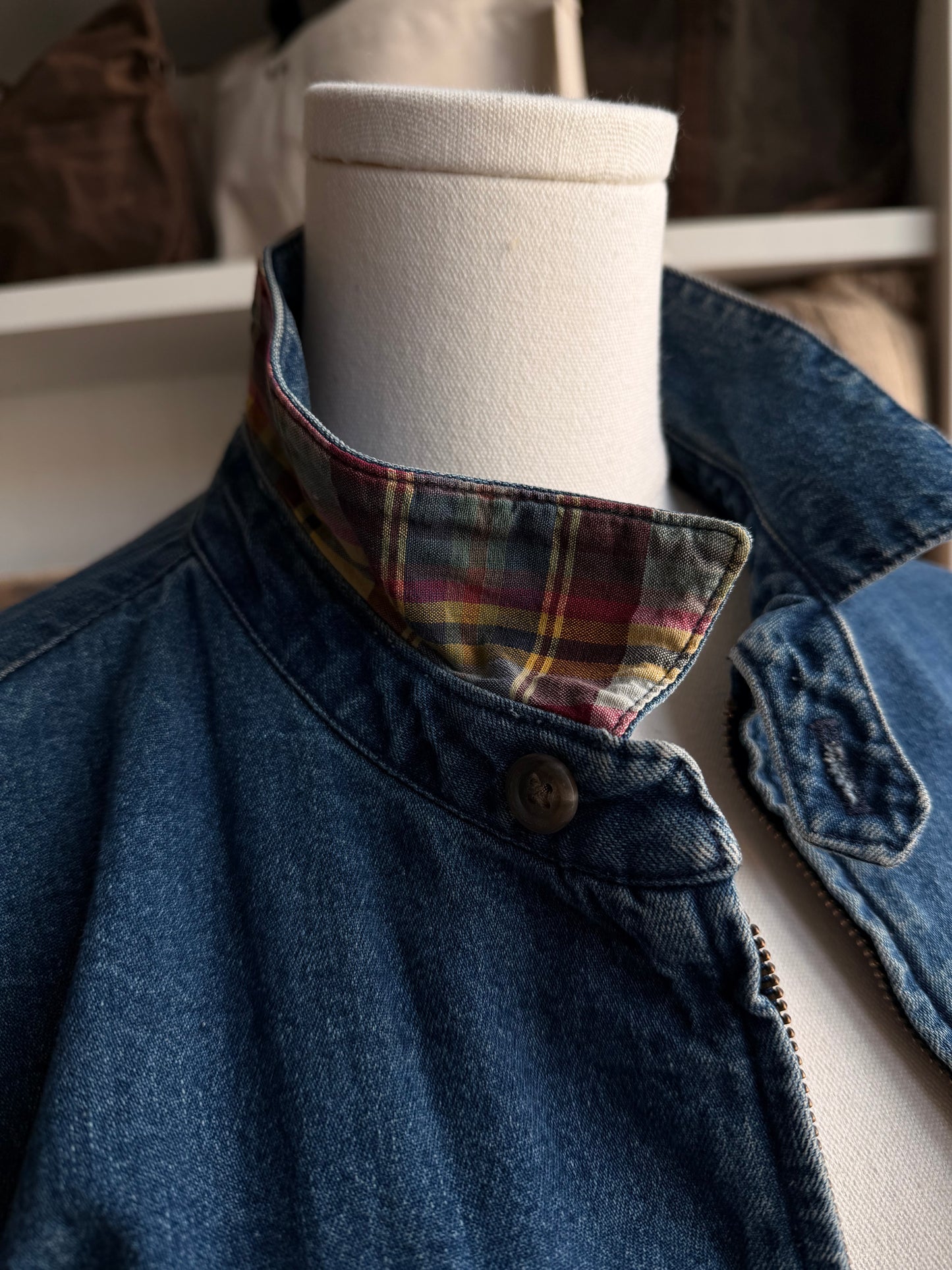 80s Polo Ralph Lauren denim bomber with plaid under collar. Made in USA