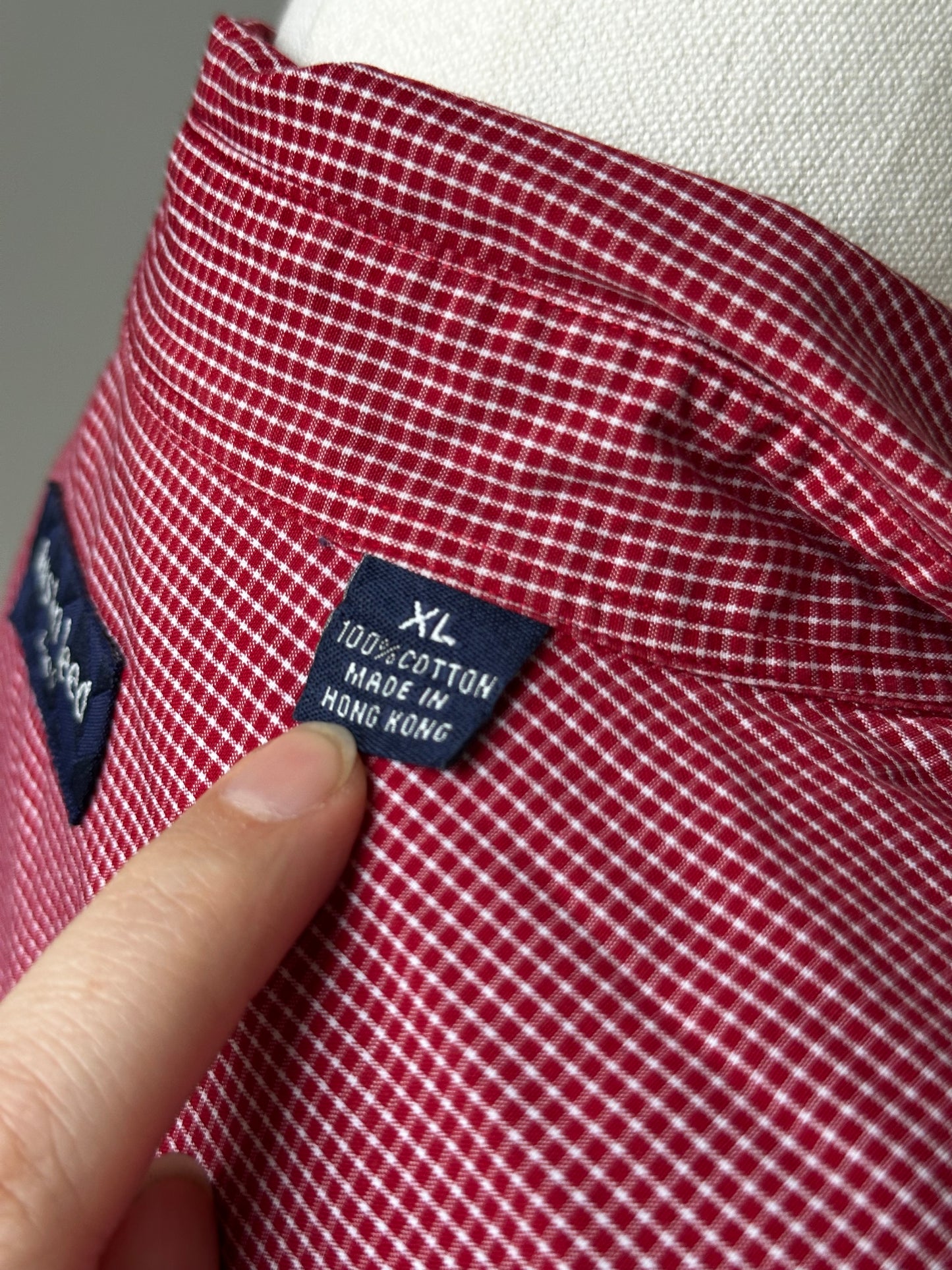 90s Austin Reed red check poplin. Made in Hong Kong