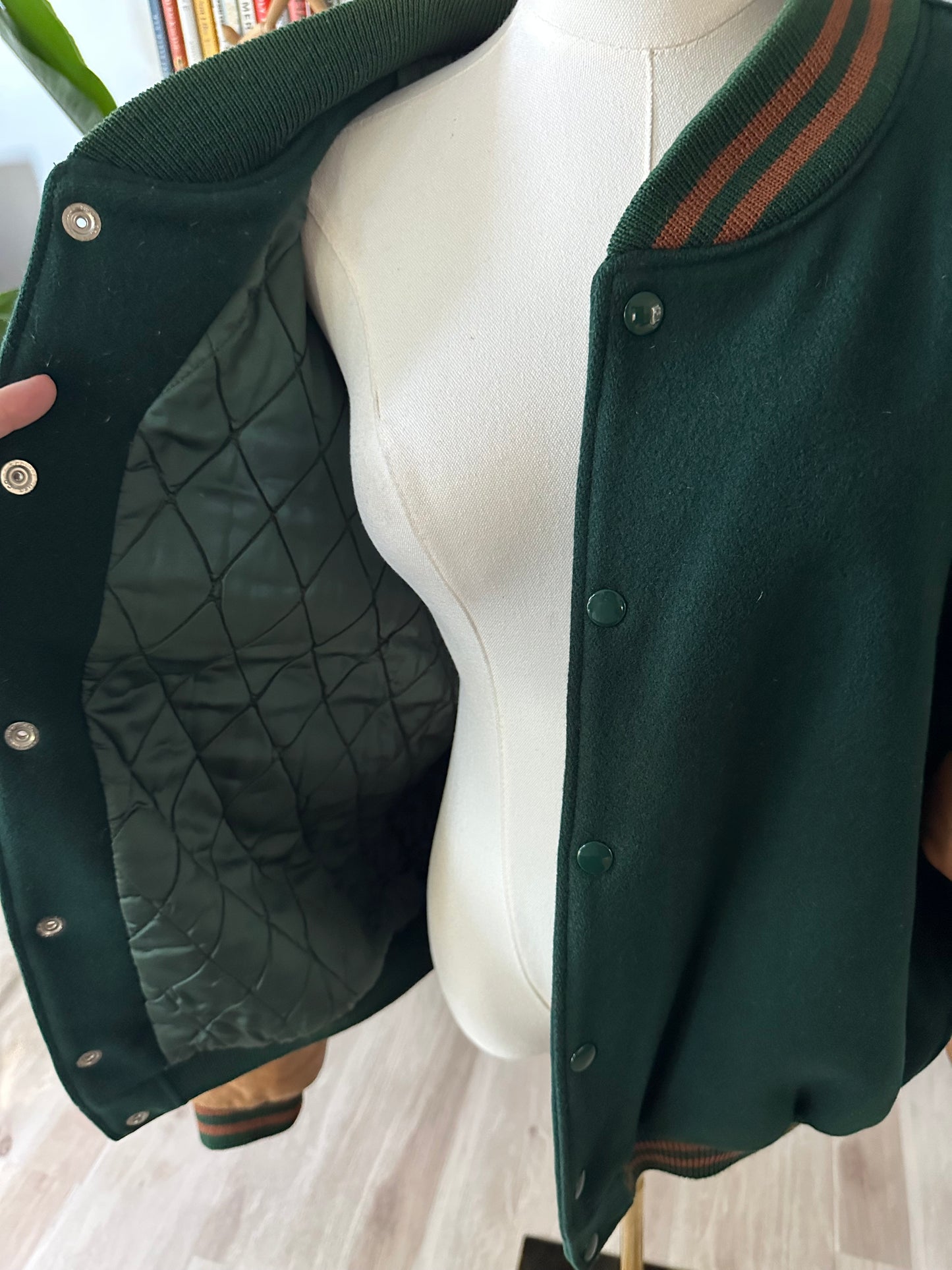 90s Brooks Brothers wool varsity jacket with leather sleeves. Made in the USA