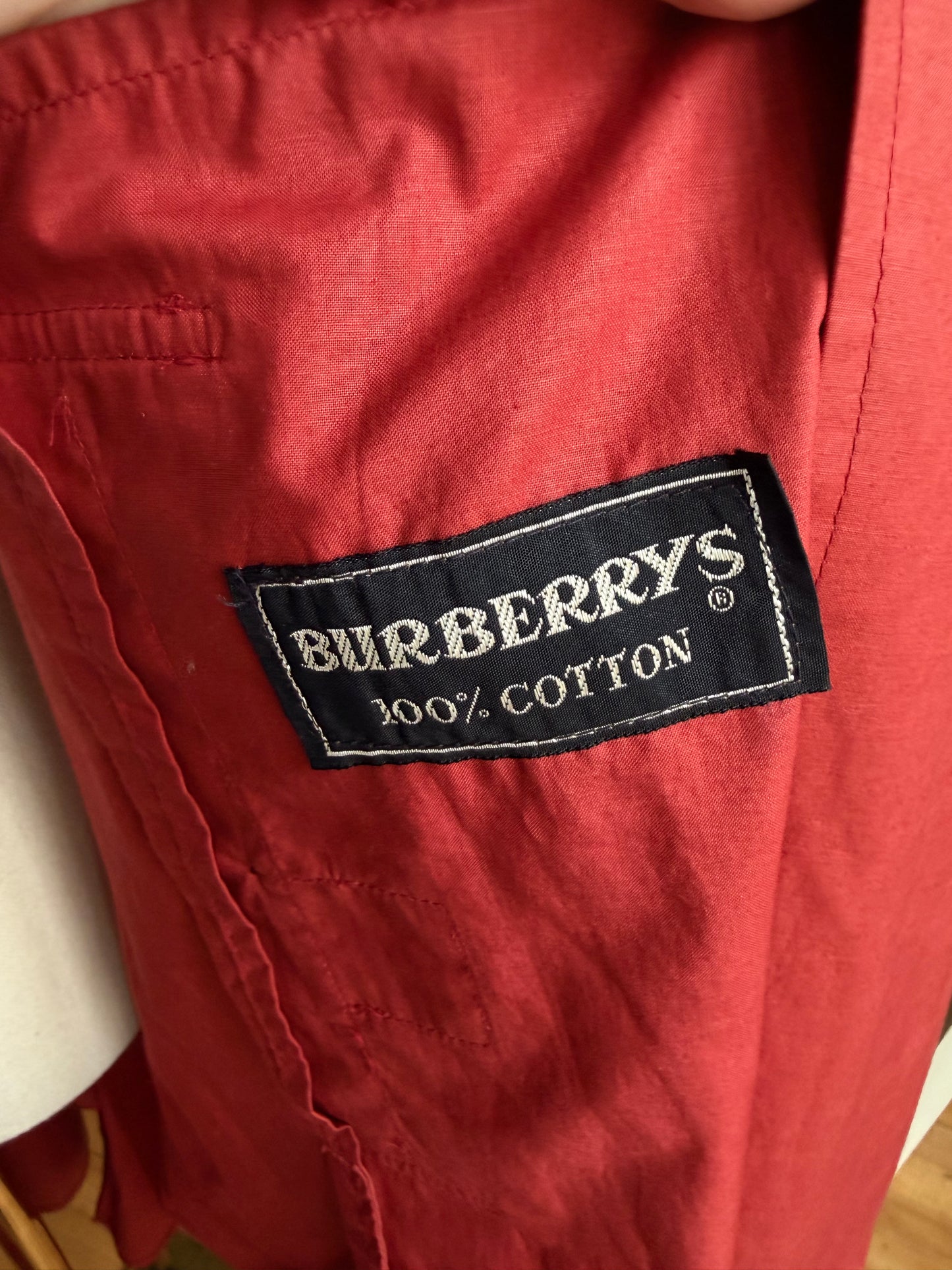 80s Burberry red packable light weight traveler trench with carrying bag