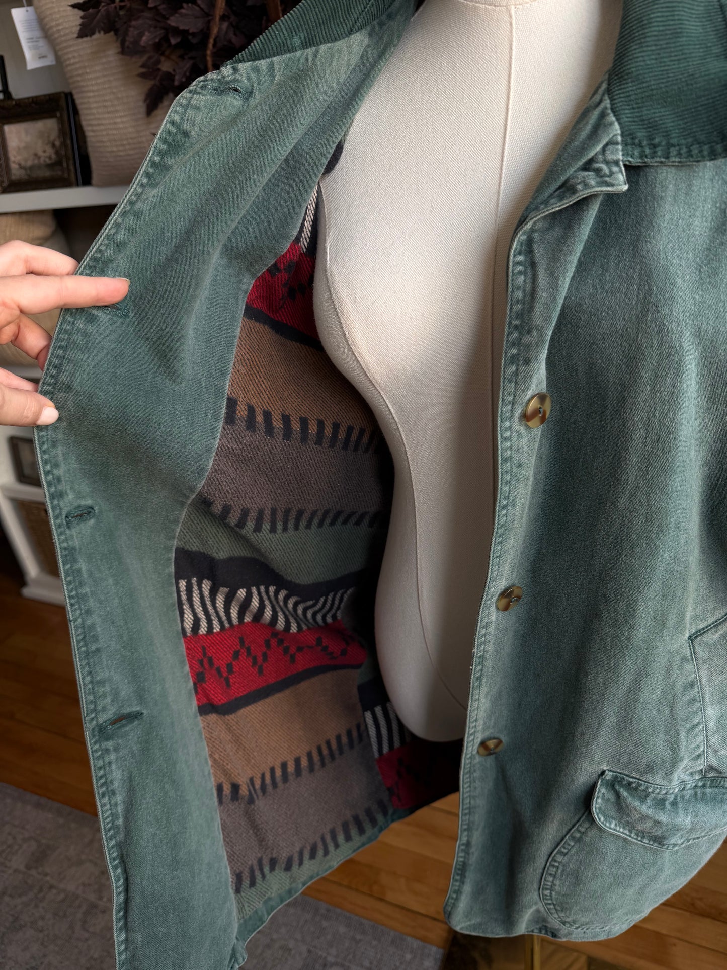 90s Brandon Thomas green fleece lined barn coat. Fits S-L