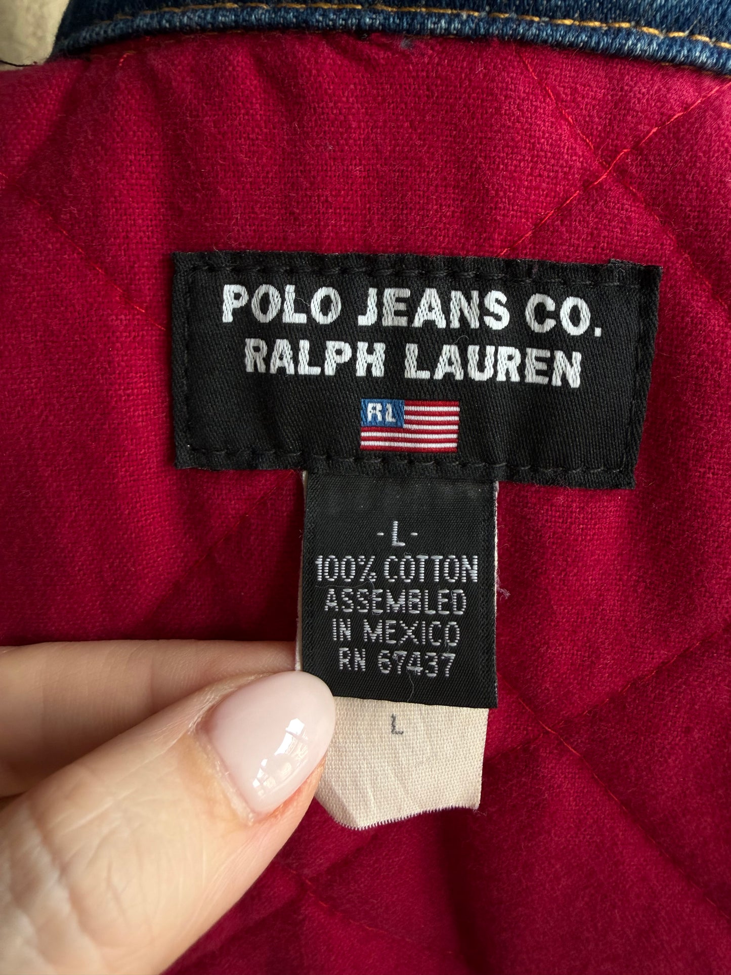 90s Polo Jeans Co denim insulated jacket with red lining. Fits XXS-S