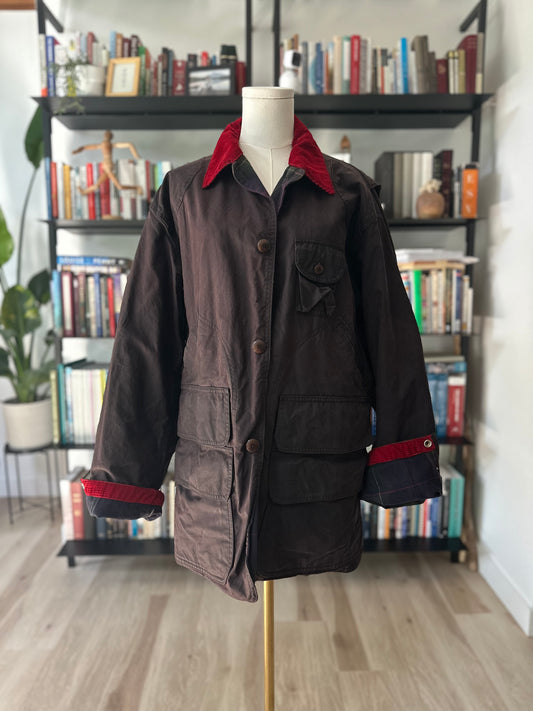 80s/90s Polo Ralph Lauren waxed barn coat in brown with red corduroy collar. Made in the USA