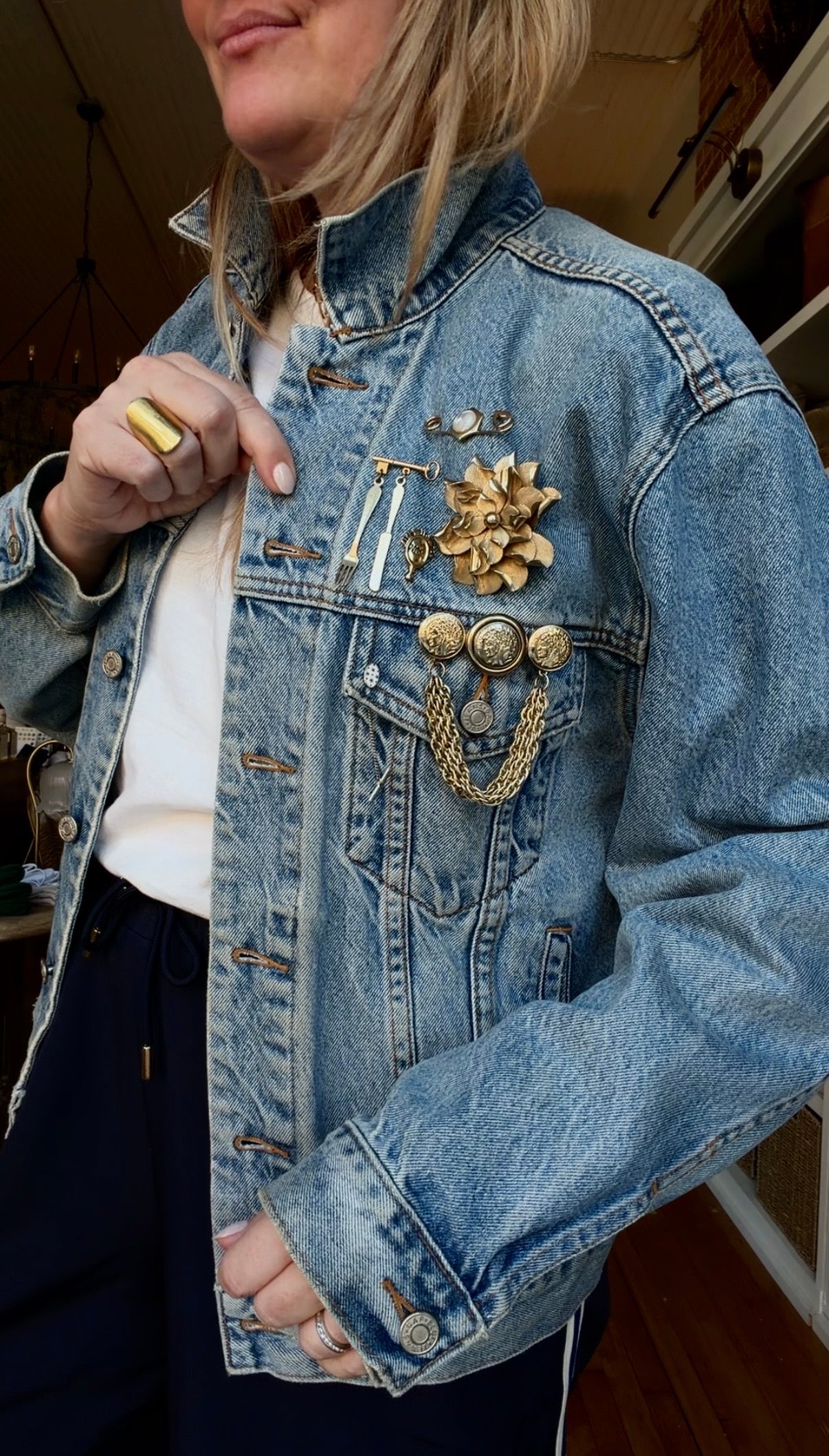 Vintage Gap denim jacket with brooches