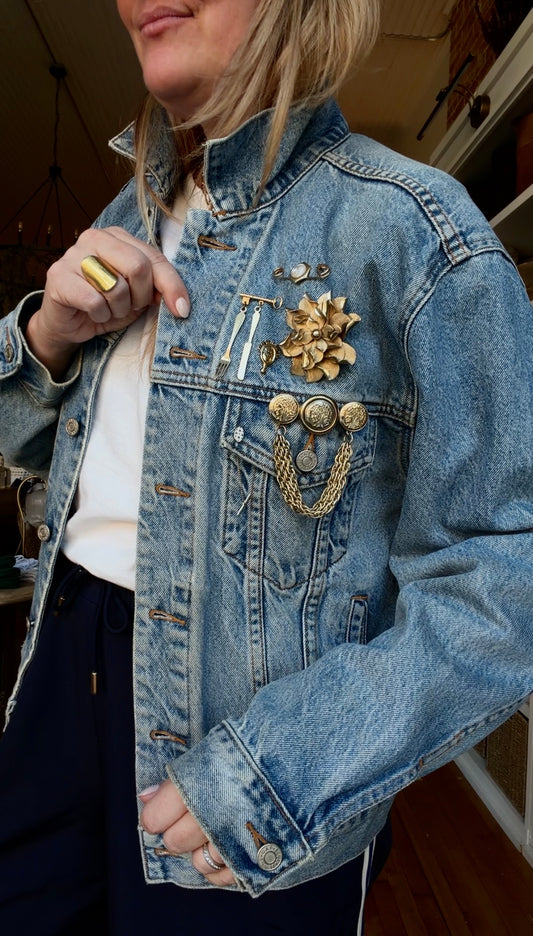 Vintage Gap denim jacket with brooches