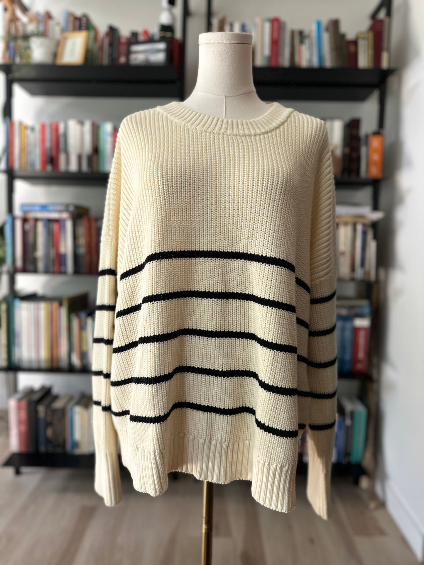 Translates cream and black striped sweater. Organic cotton. Size large