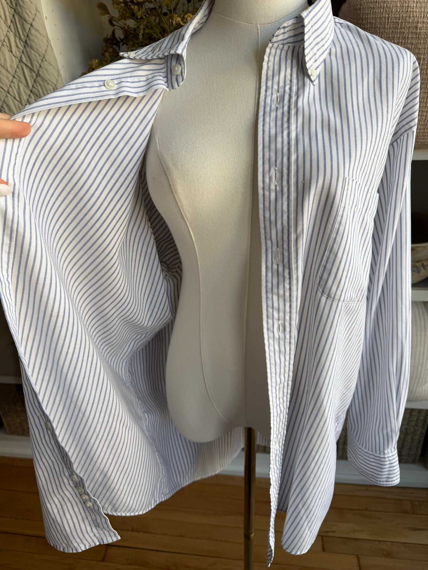 90s Lands End blue on white stripe oxford button down.