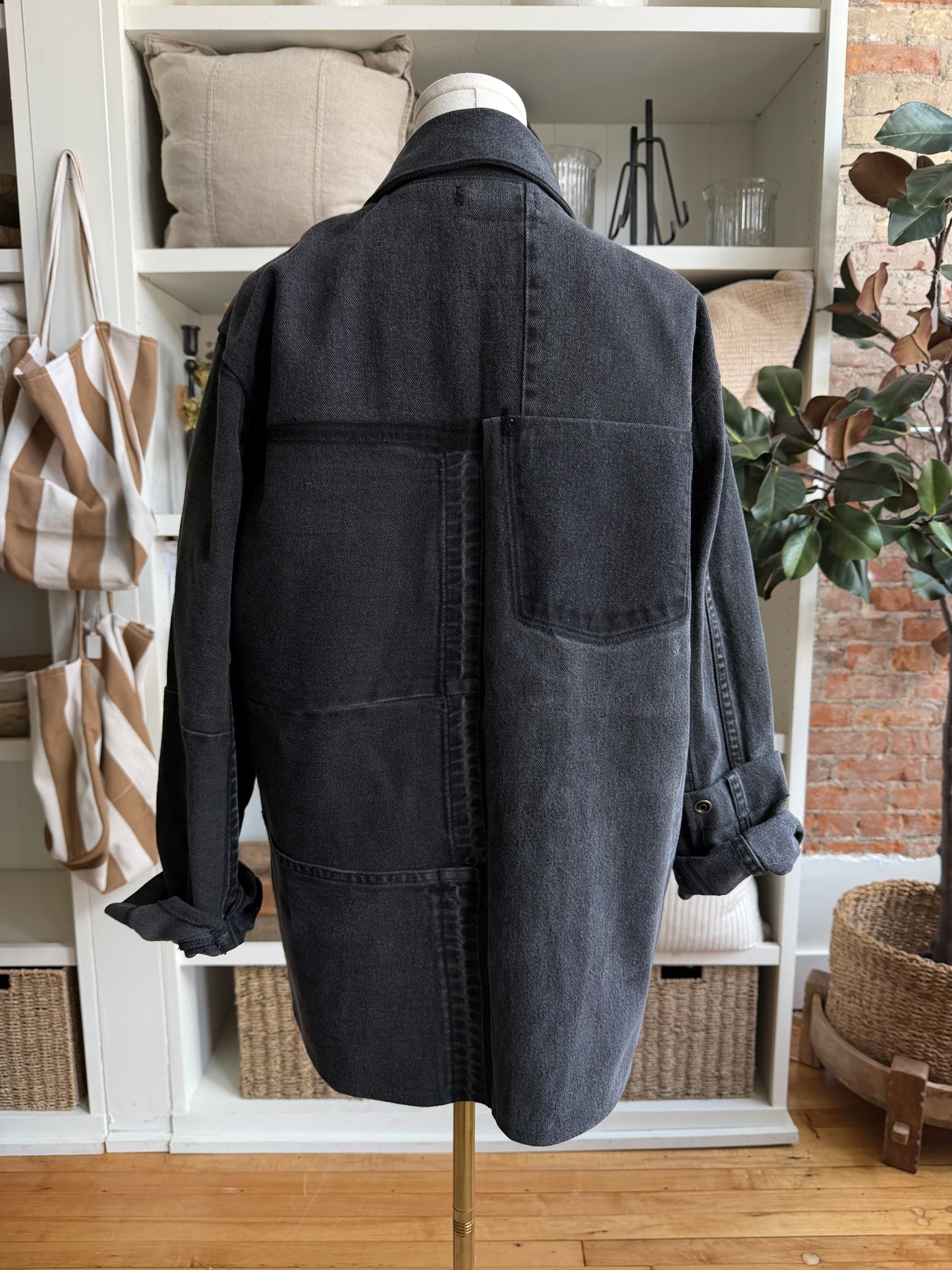 Black Reworked Denim Chore Coat. Size Small