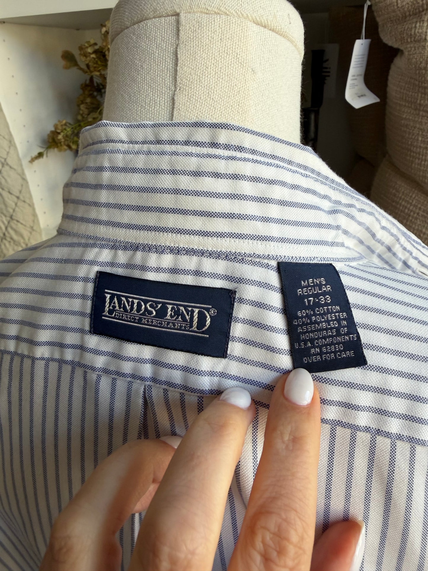90s Lands End blue on white stripe oxford button down.