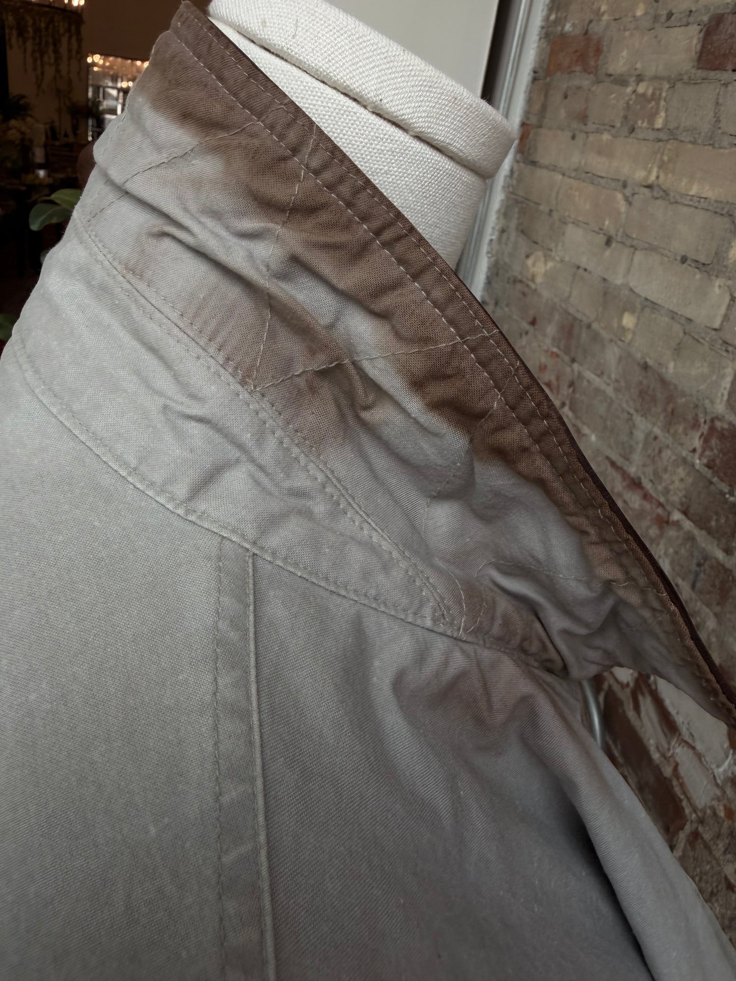 90s LLBean khaki bomber with leather collar. Made in Hong Kong.