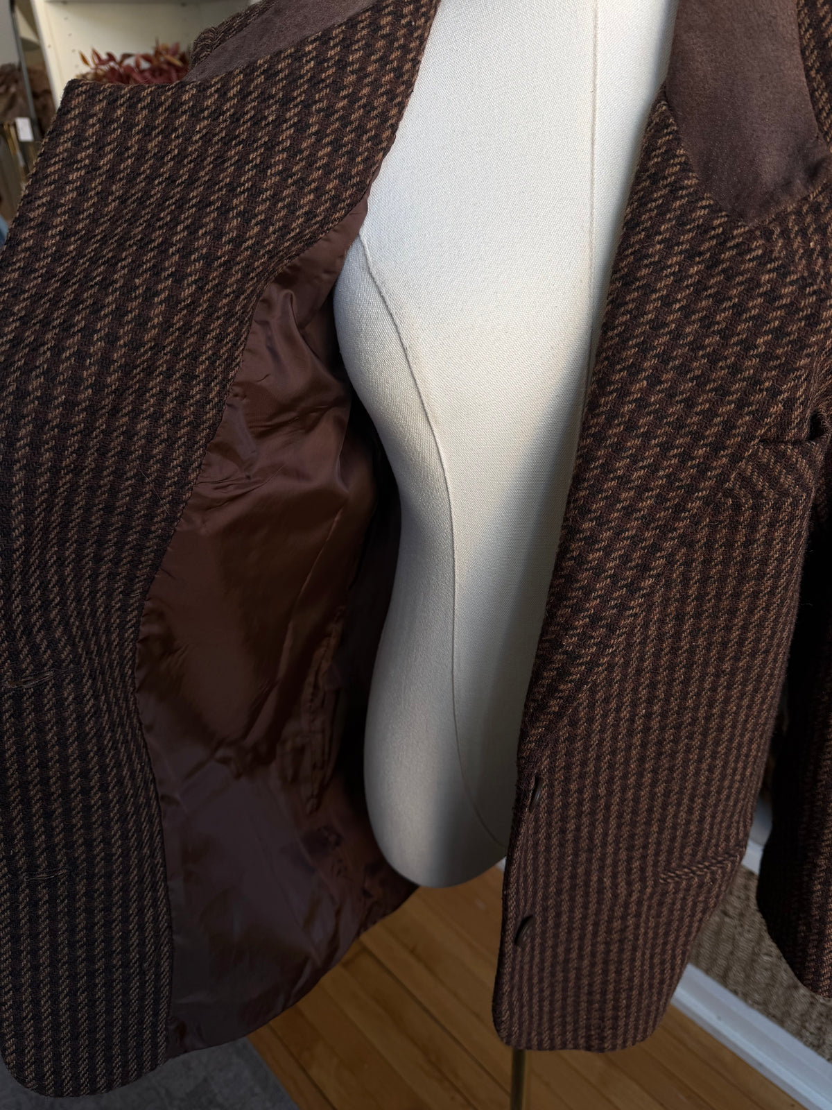 90s Brandon Thomas wool blend houndstooth blazer with leather collar. Fits XS-M petite