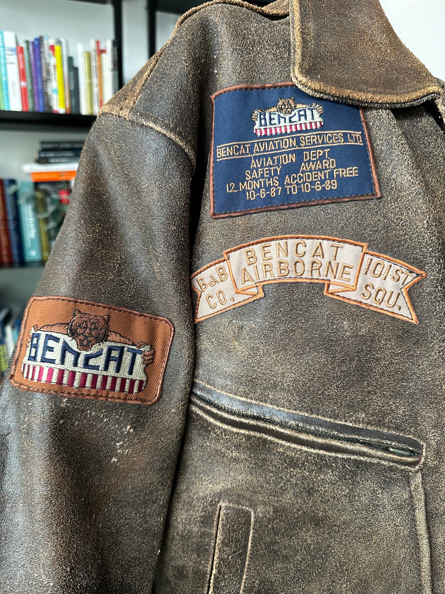 90s Bencat leather flight jacket with patches. Made in Korea
