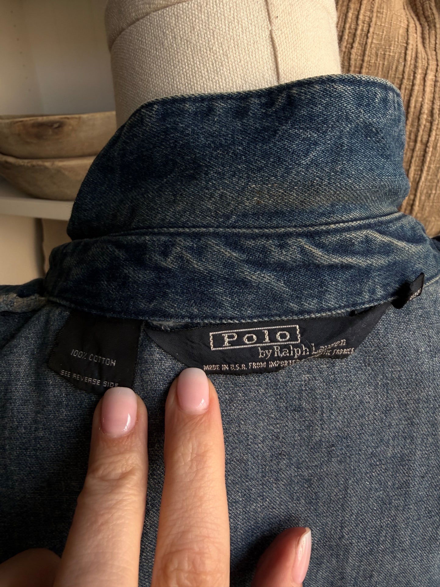 80s Polo Ralph Lauren denim bomber with plaid under collar. Made in USA
