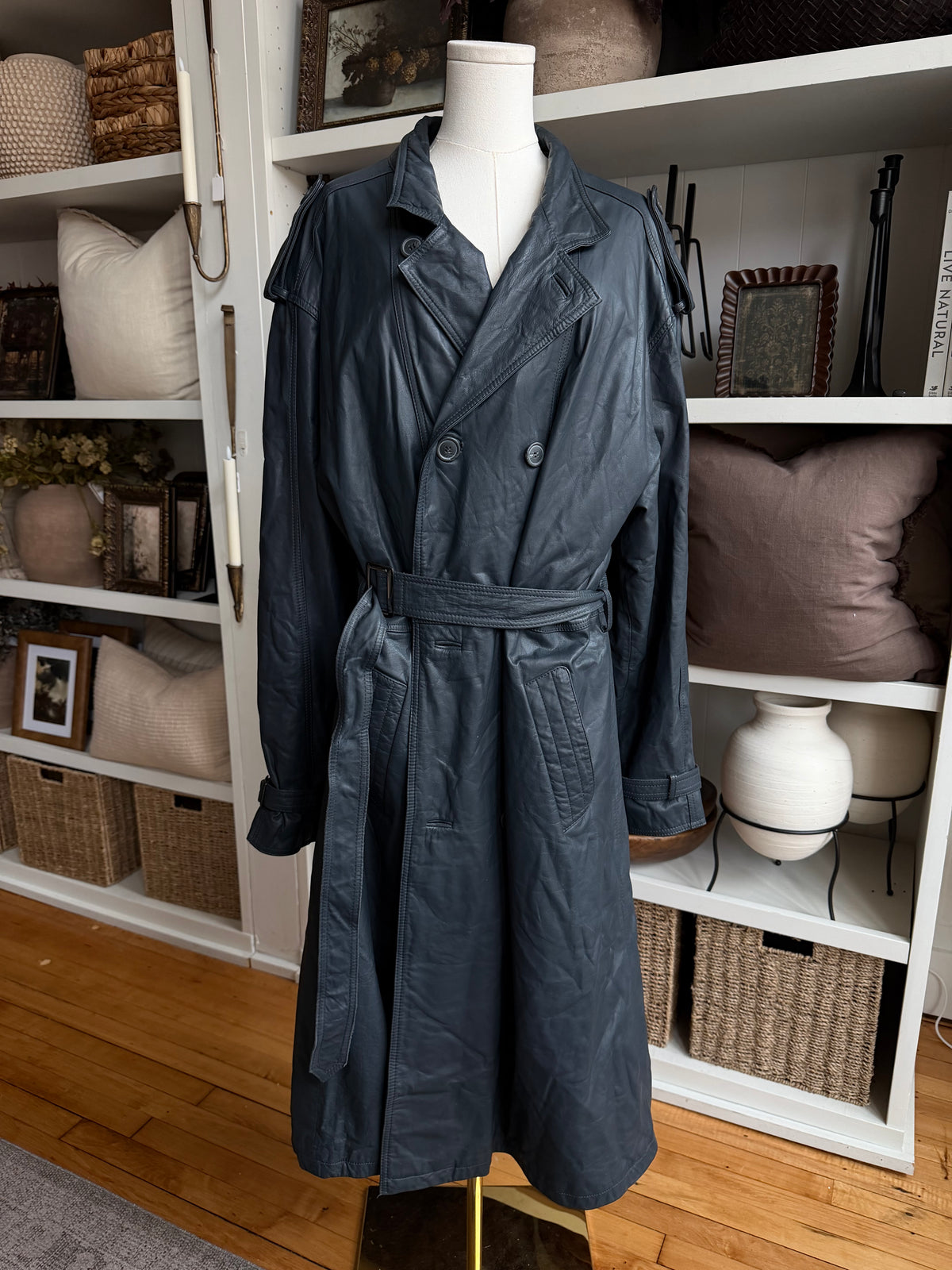 Vintage blue leather trench. Sourced in Paris. Fits M-XL
