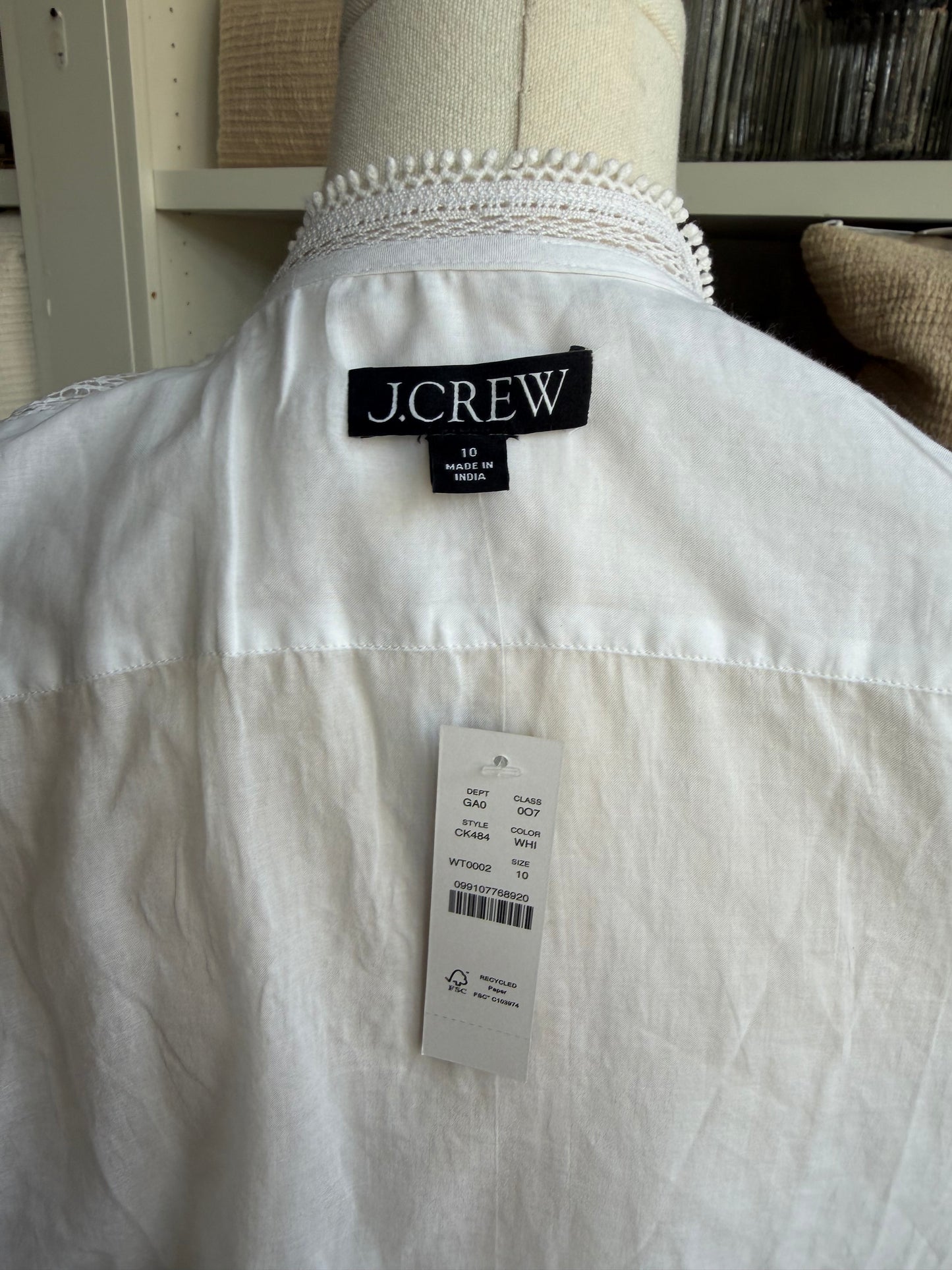 JCrew Embroidered lace trim button up shirt. Size 10. NWT