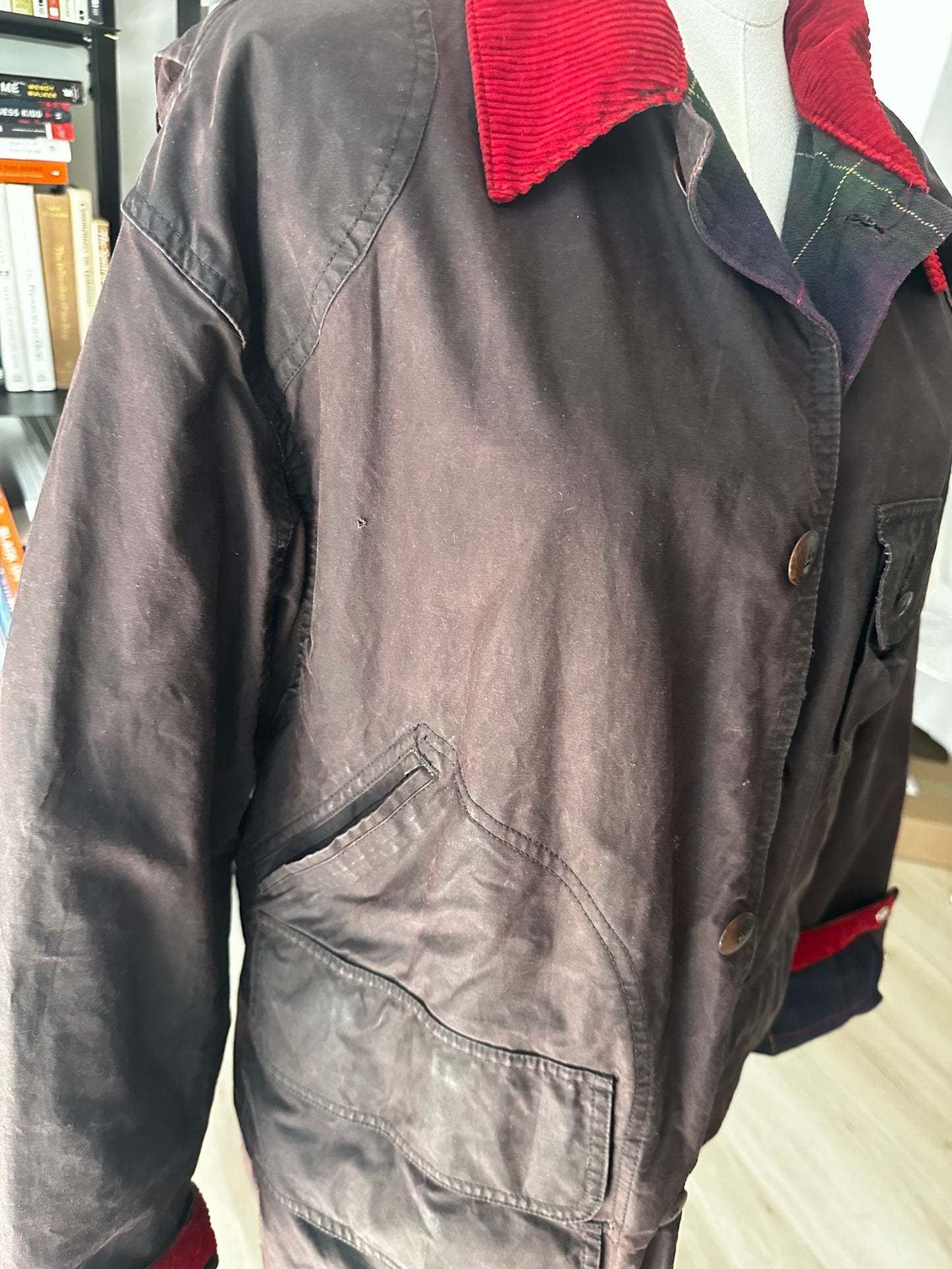 80s/90s Polo Ralph Lauren waxed barn coat in brown with red corduroy collar. Made in the USA