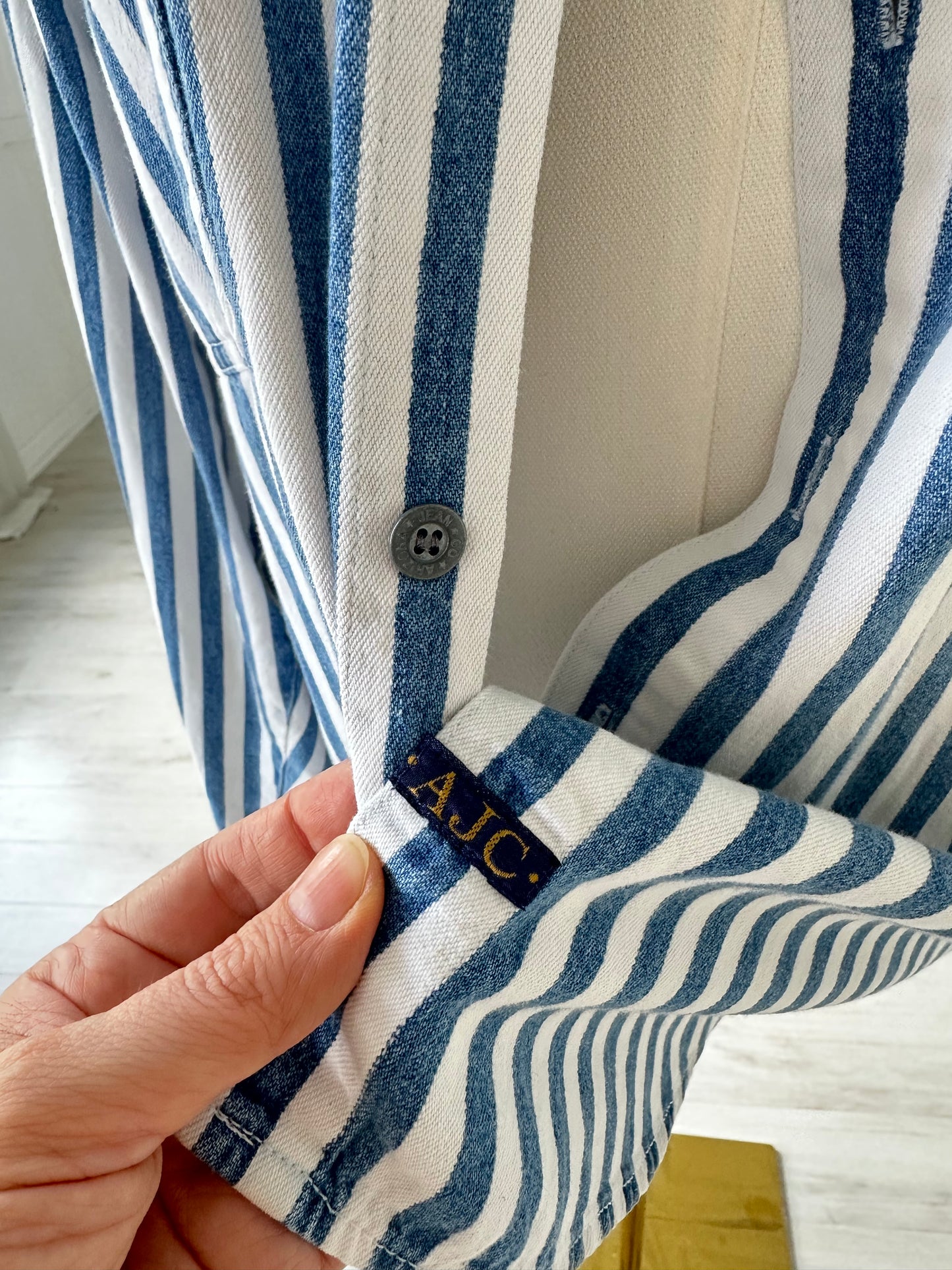 90s Arizona Jean Company striped denim button down. Made in Hong Kong