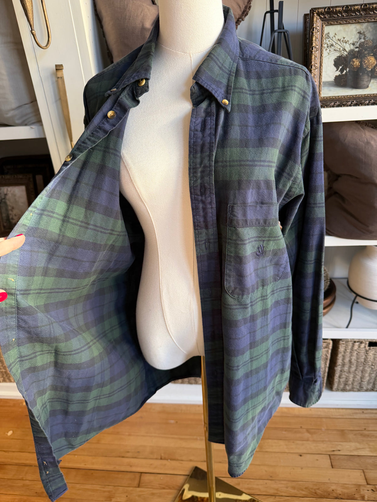 90s Nautica black watch plaid cotton button down