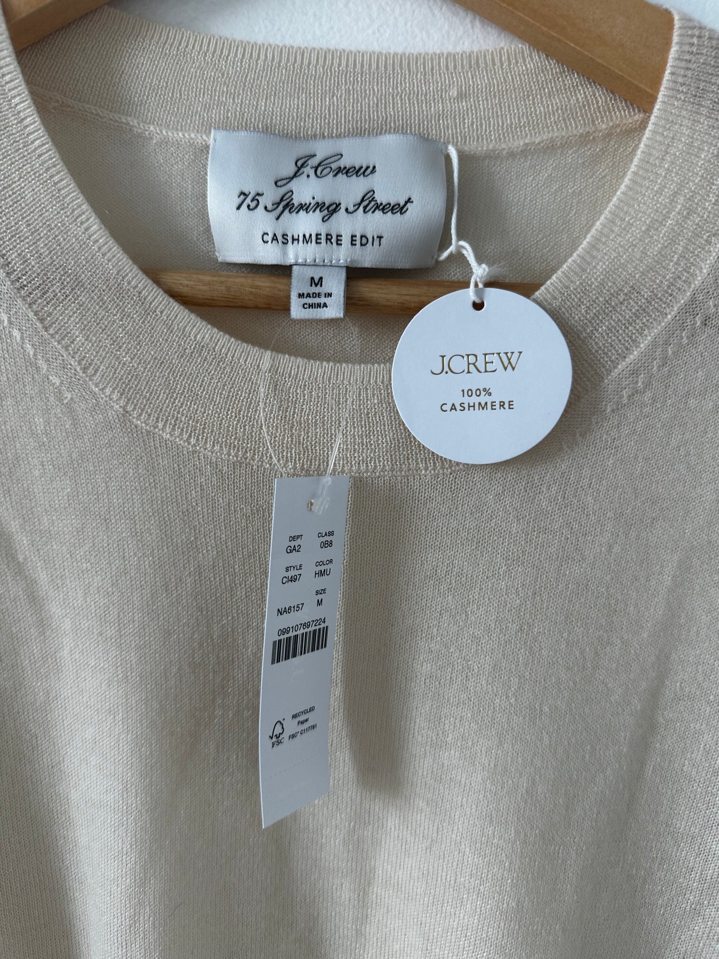 JCrew relaxed cashmere tee in cream. Size medium