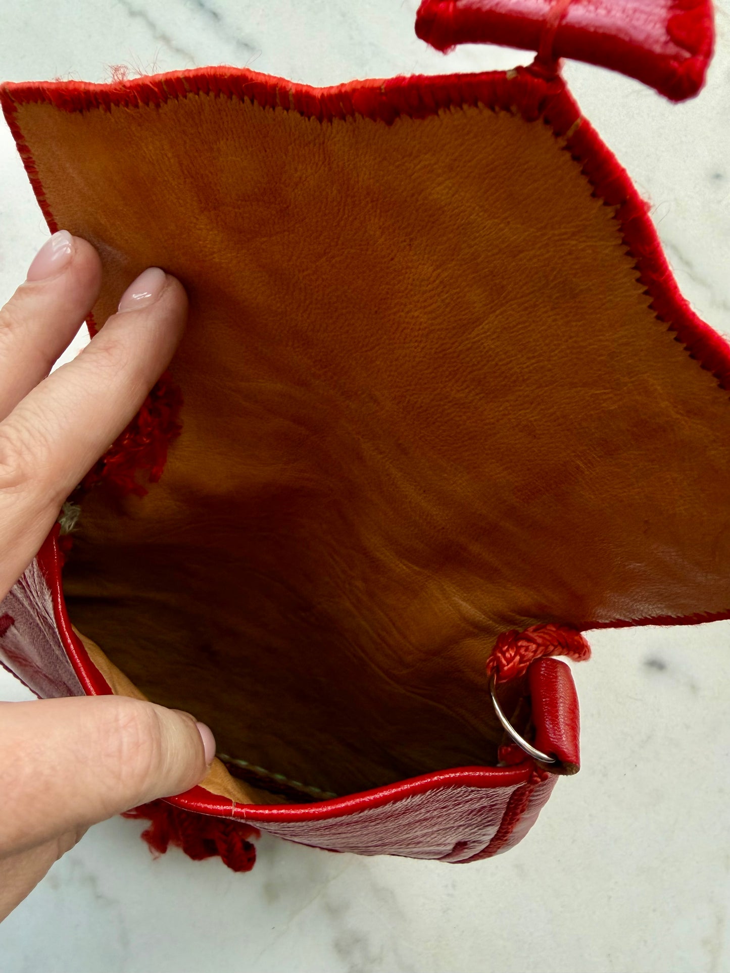Vintage red leather embroidered crossbody. Sourced in Paris