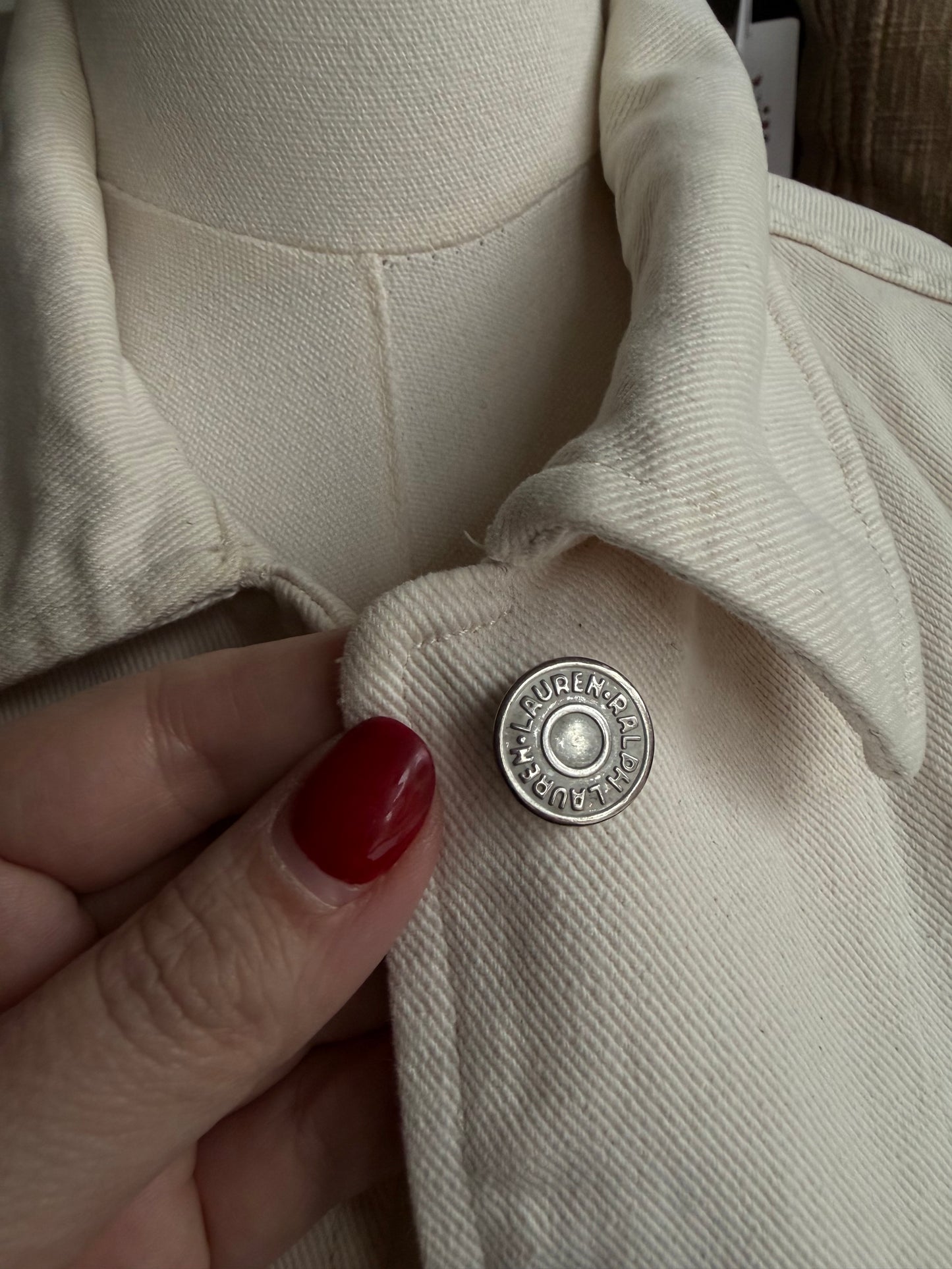 90s Lauren Ralph Lauren cream denim chore coat. Made in Hong Kong