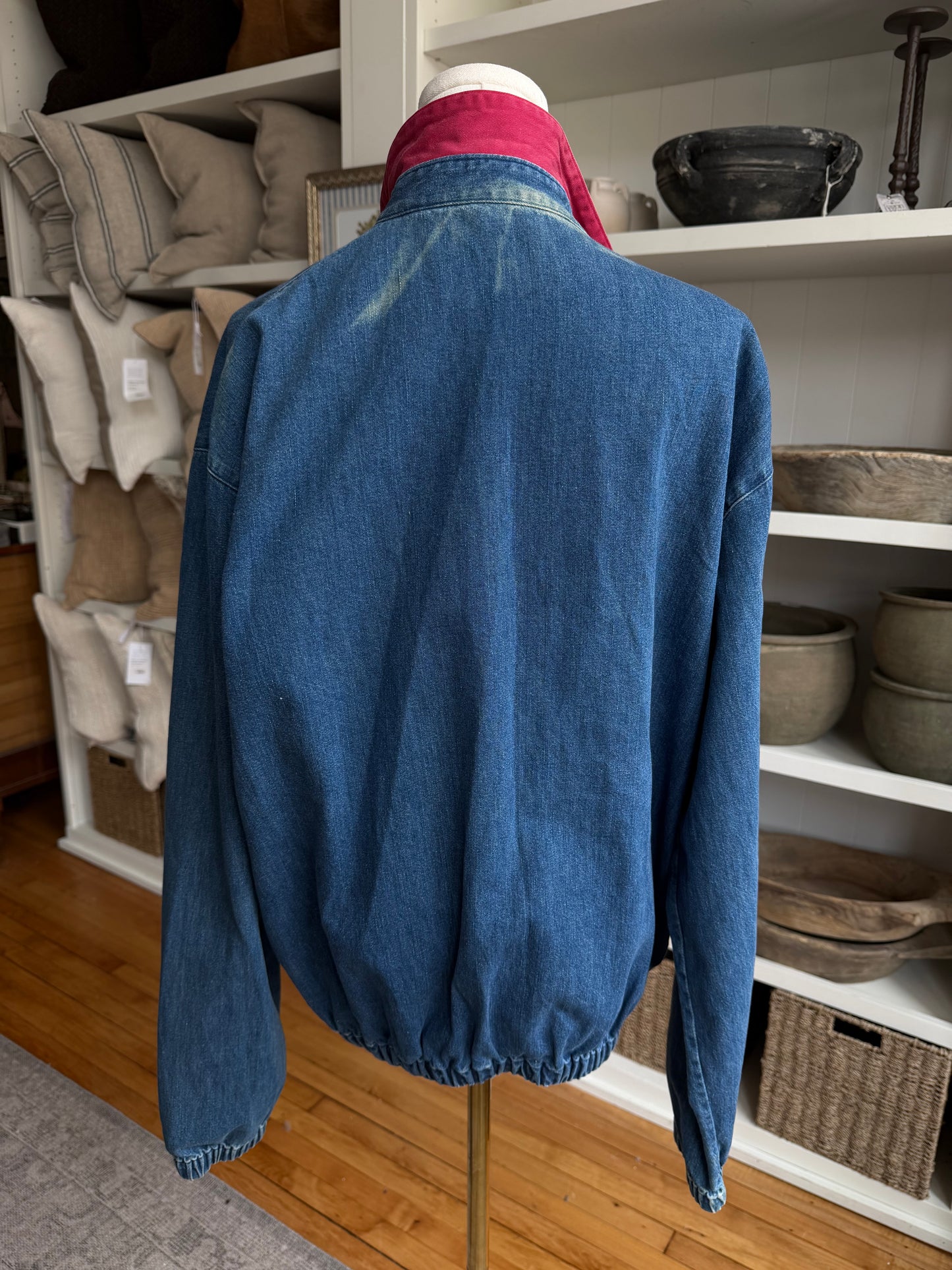 80s Polo Ralph Lauren denim bomber with red collar. Made in the USA