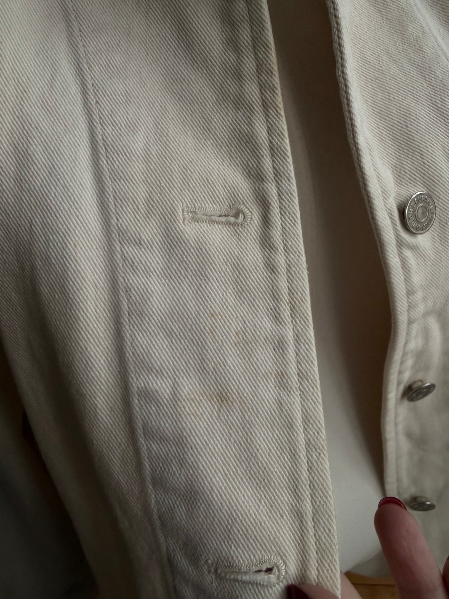 90s Lauren Ralph Lauren cream denim chore coat. Made in Hong Kong