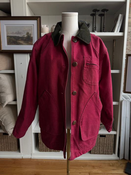 80s LL Bean red barn coat with button out insulated lining. Made in the USA