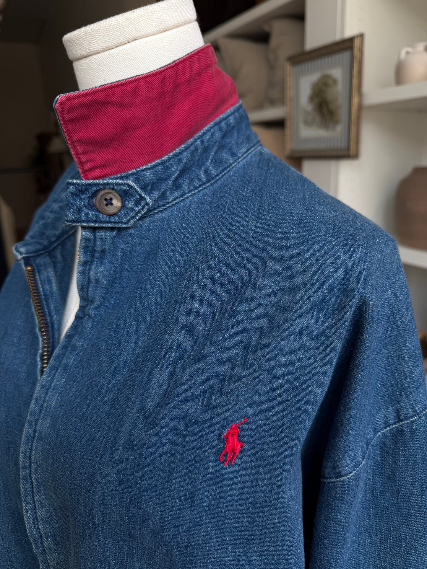80s Polo Ralph Lauren denim bomber with red collar. Made in the USA