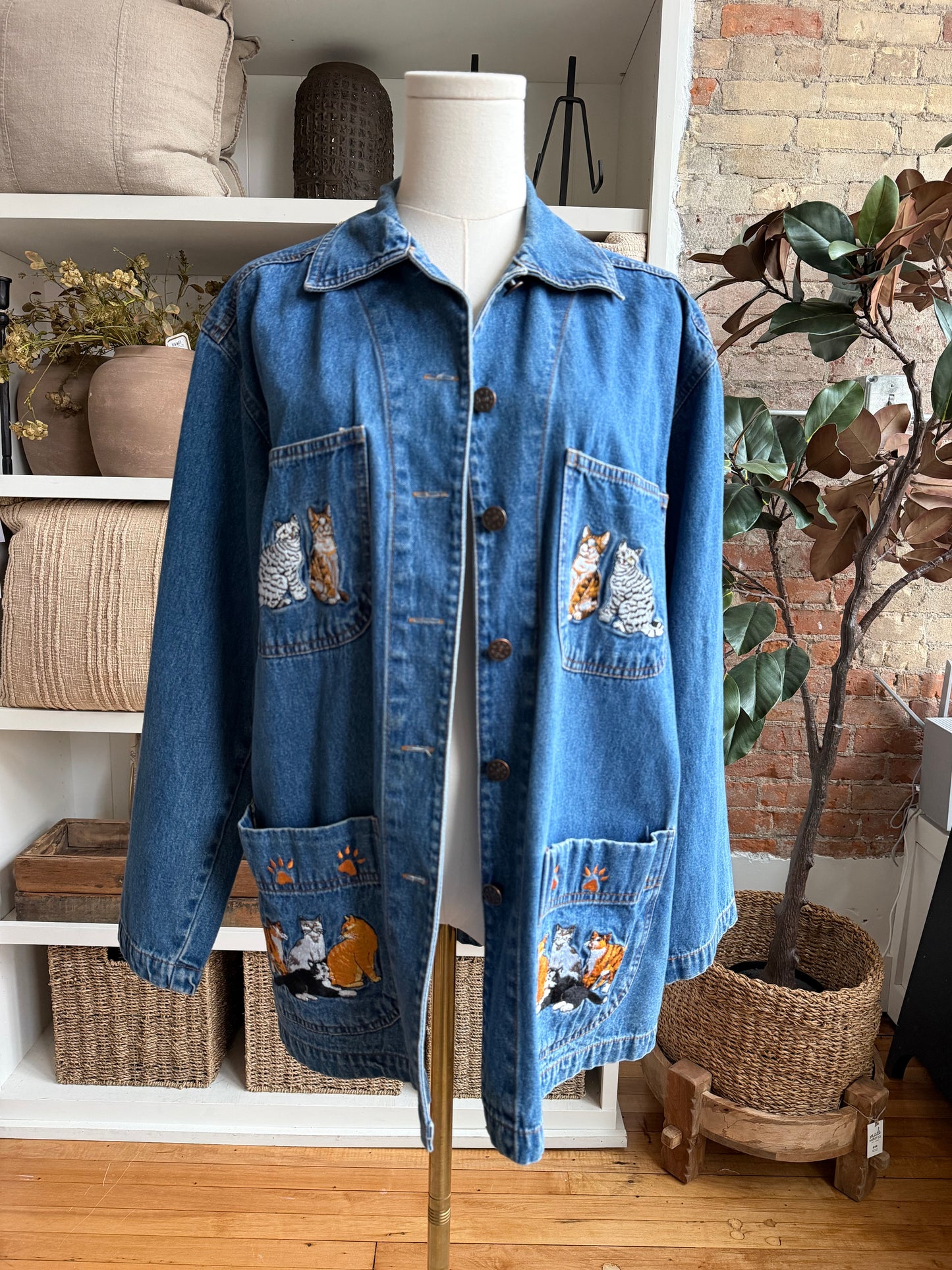 90s Casey Coleman denim chore coat with embroidered cats on pockets