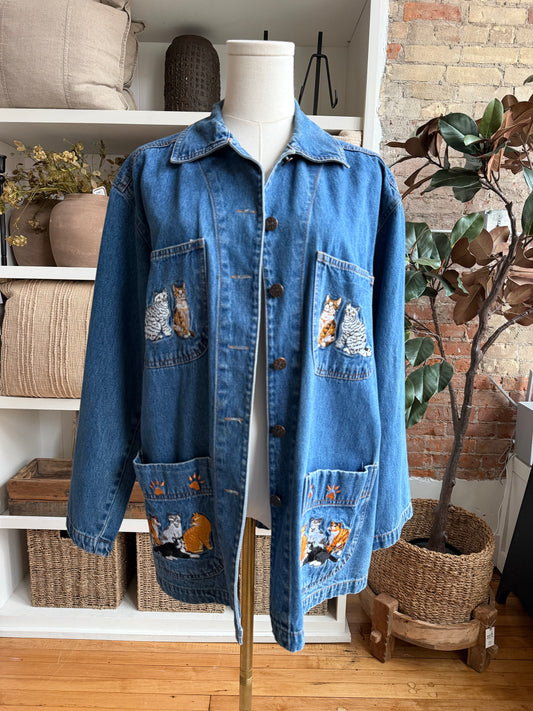 90s Casey Coleman denim chore coat with embroidered cats on pockets