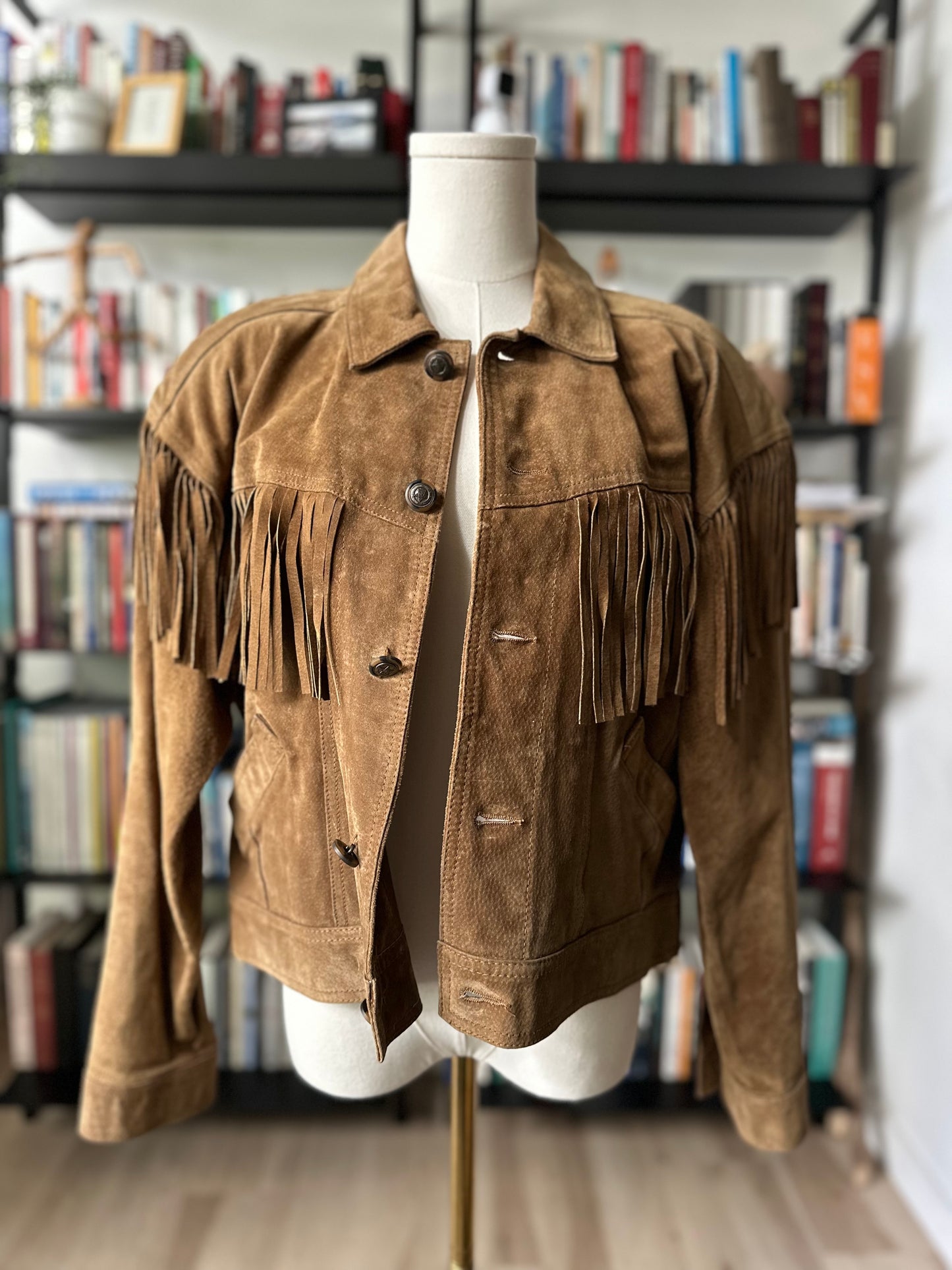 80s/90s Lizwear suede fringe jacket with removable shoulder pads. Made in Korea